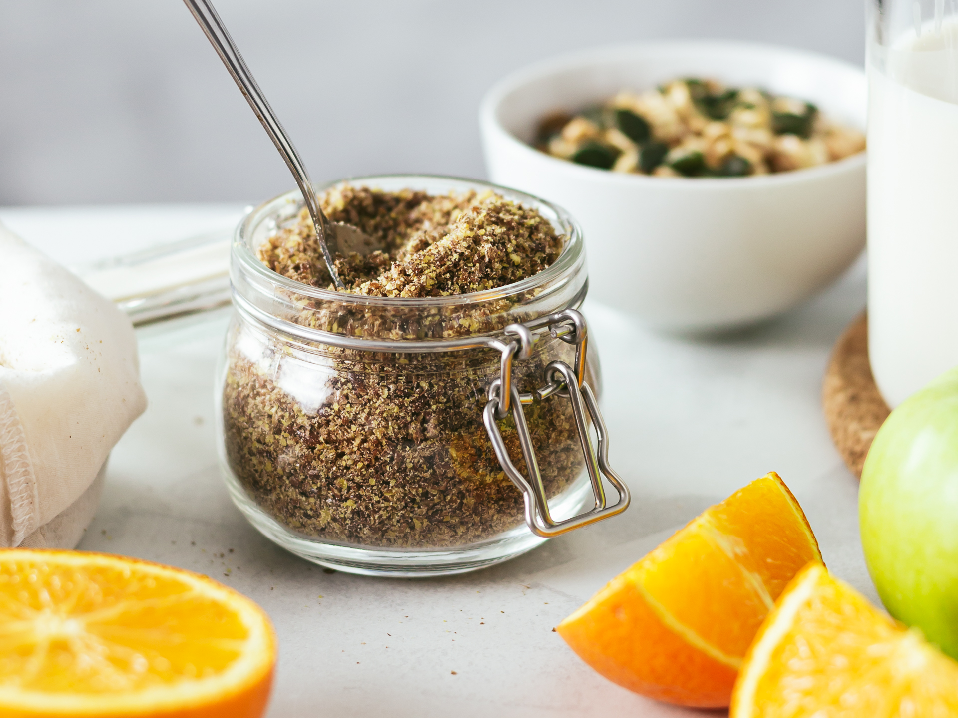 a jar with flaxseeds