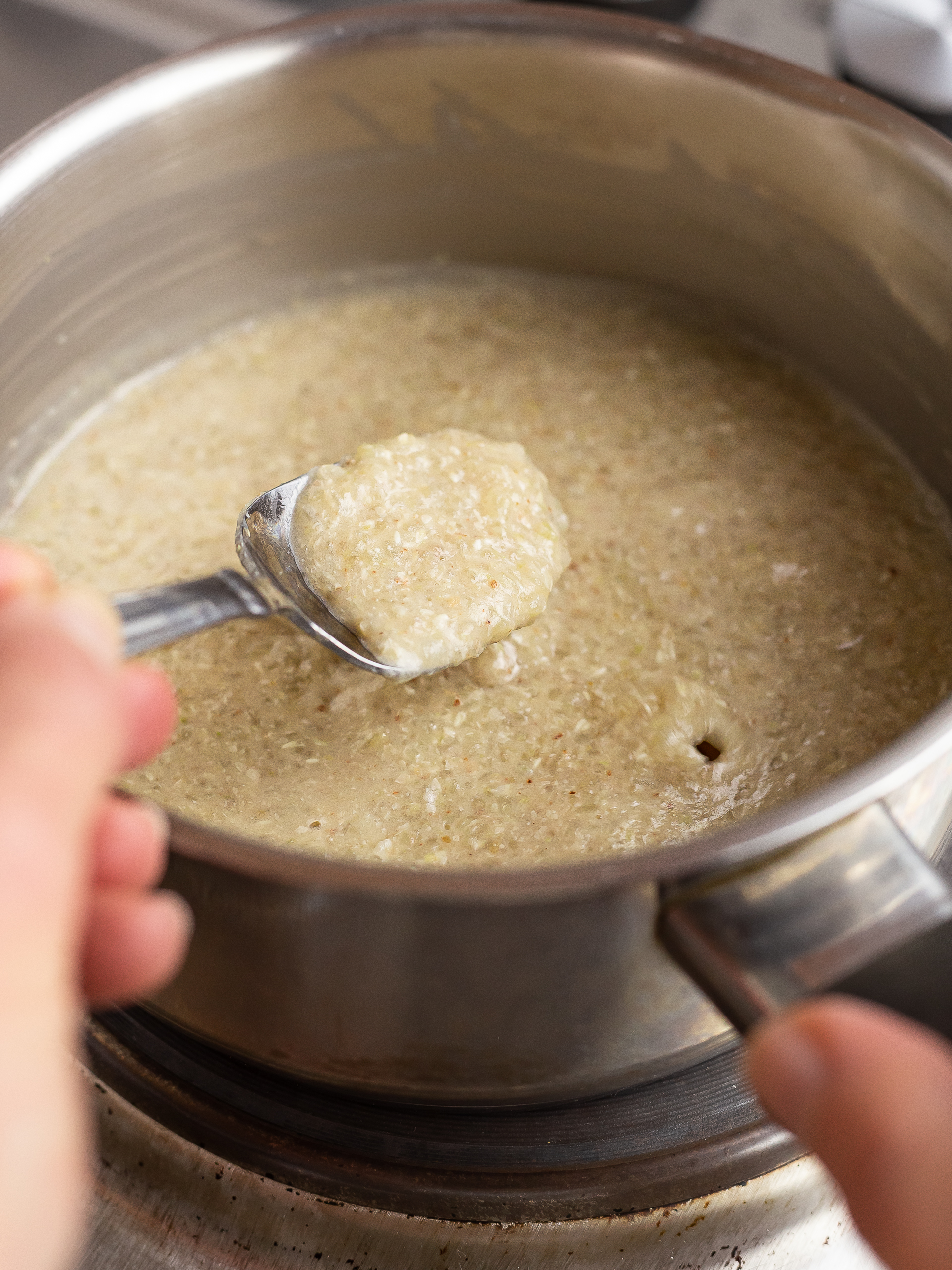 cooking cream of buckwheat in a pot