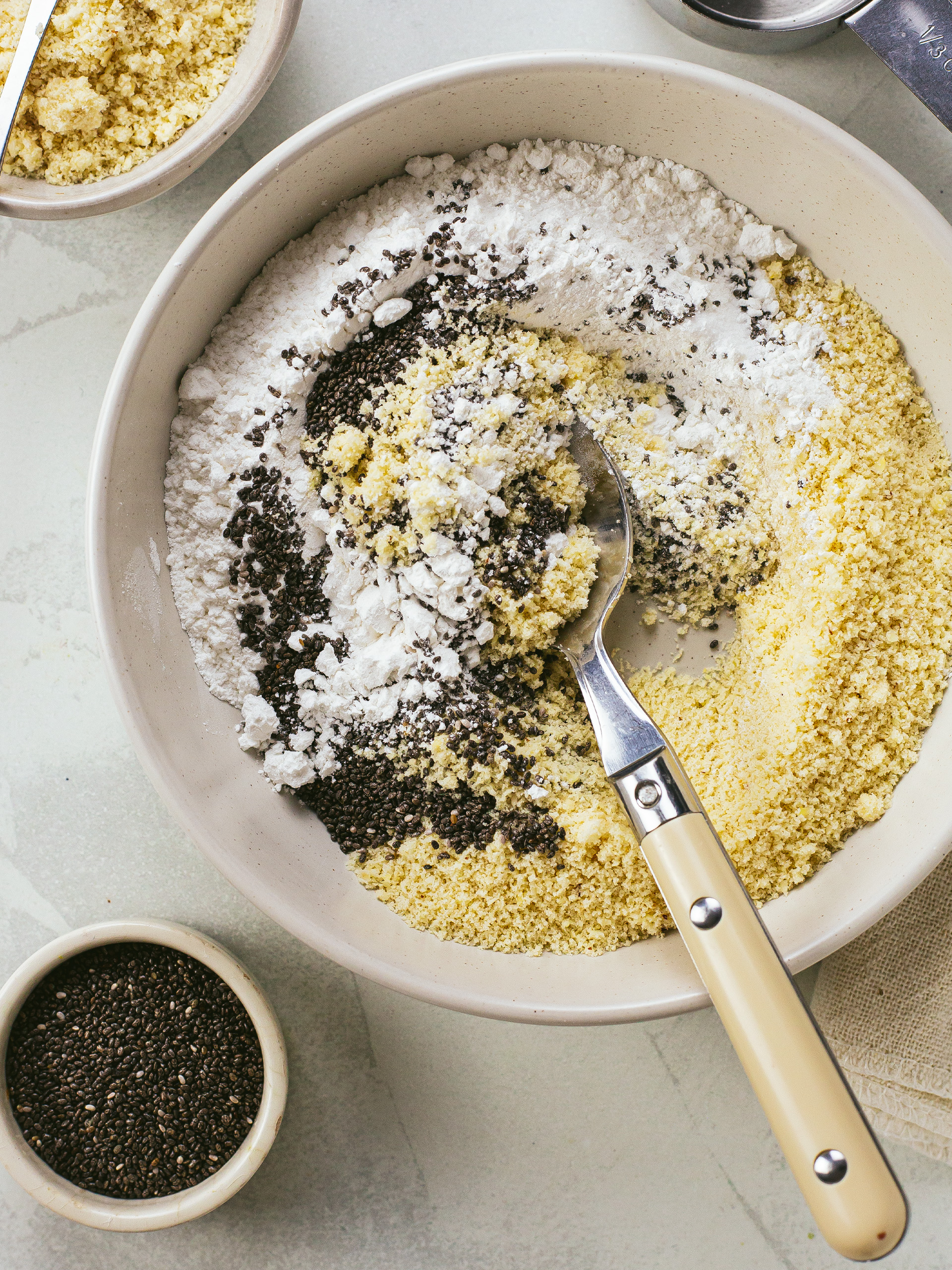 chia seeds with almond flour and rice flour in a bowl