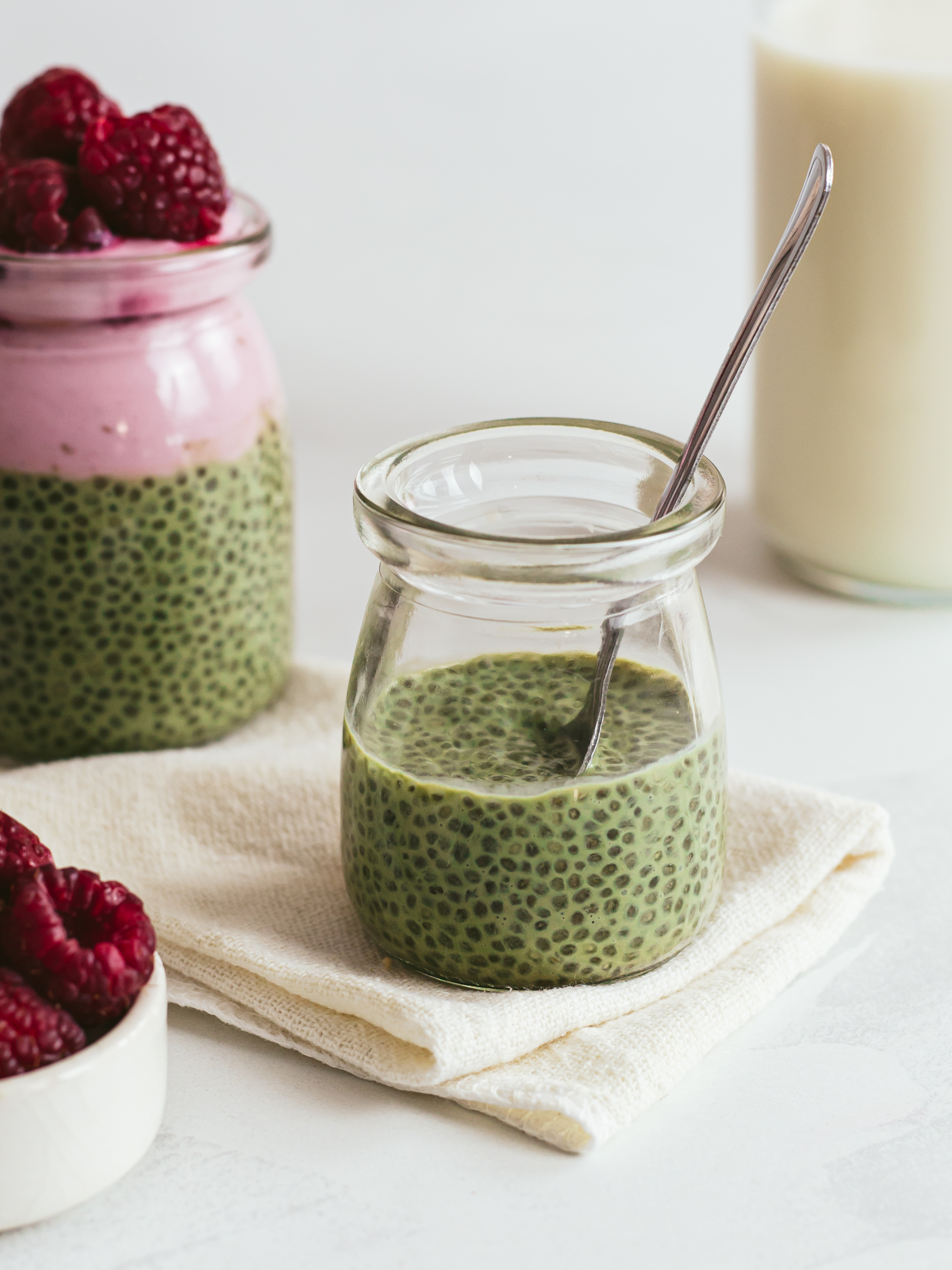 green pudding made with matcha and chia seeds in a pot