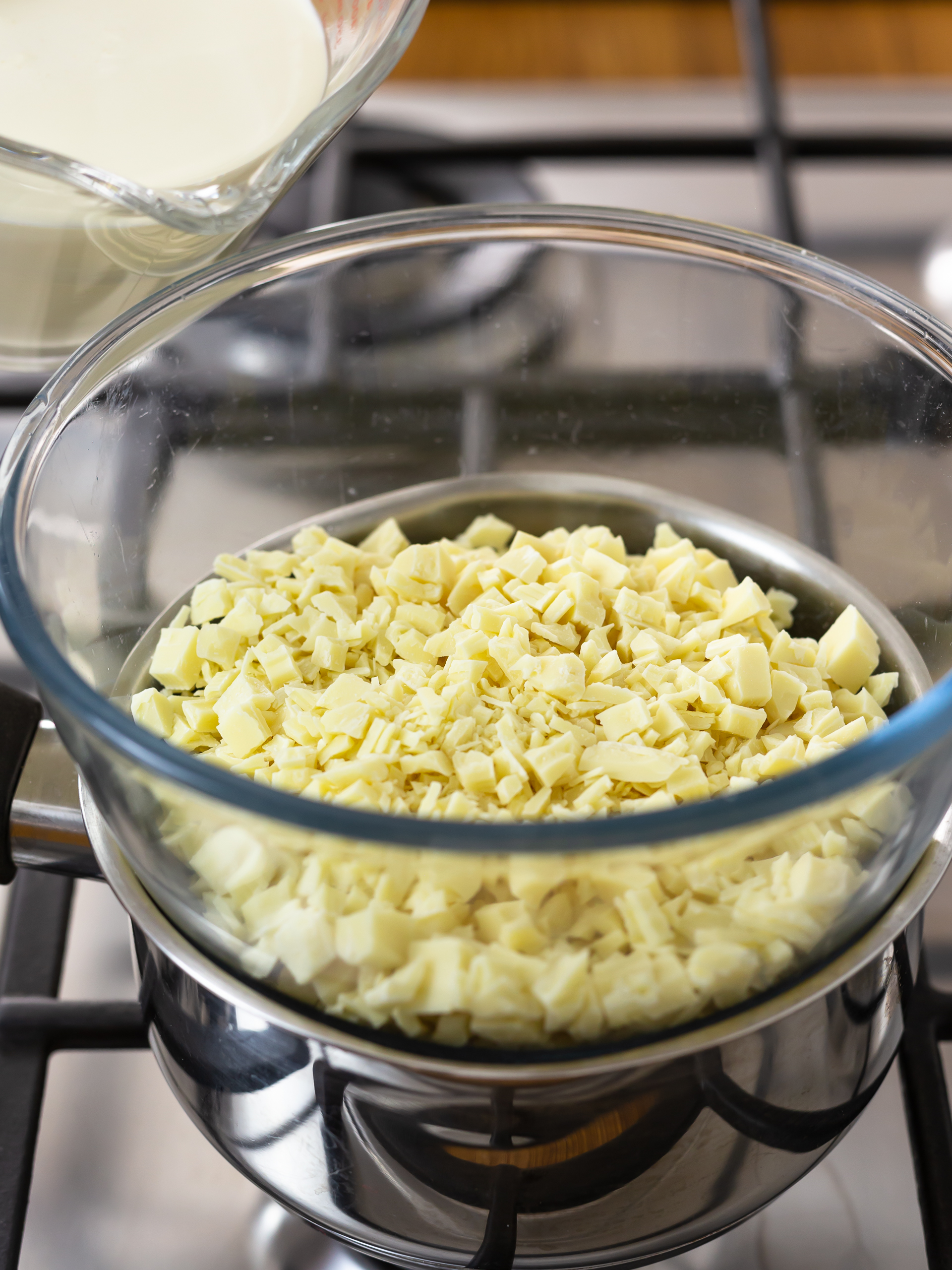 chopped white chocolate in a bowl