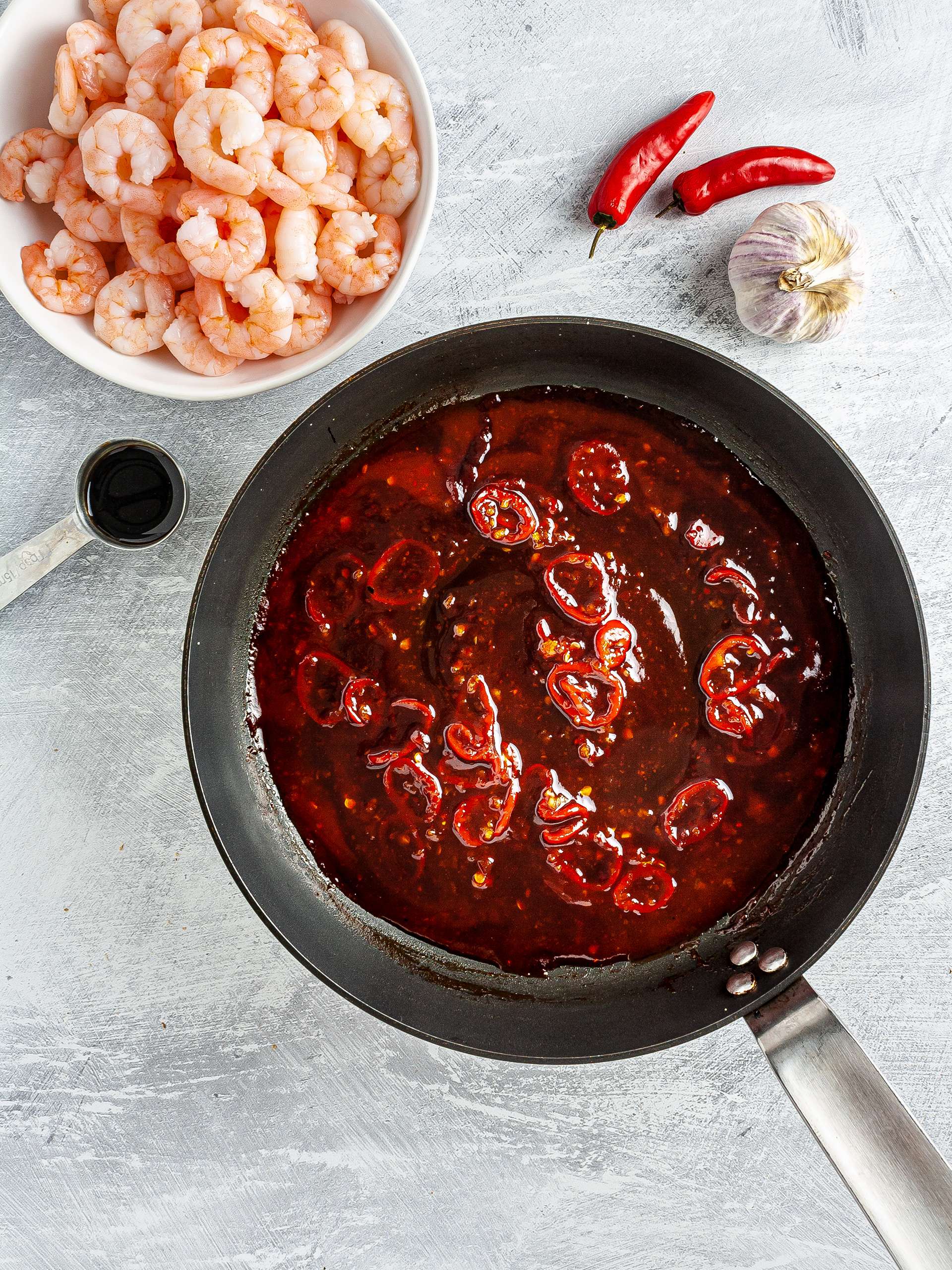 Prawns and sweet chili sauce with soy, tomato, and honey