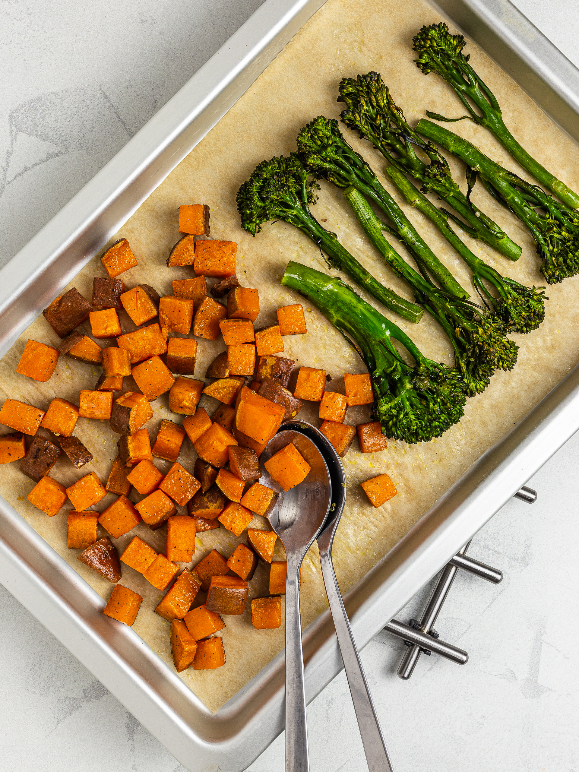 Roasted sweet potatoes and tenderstem broccoli