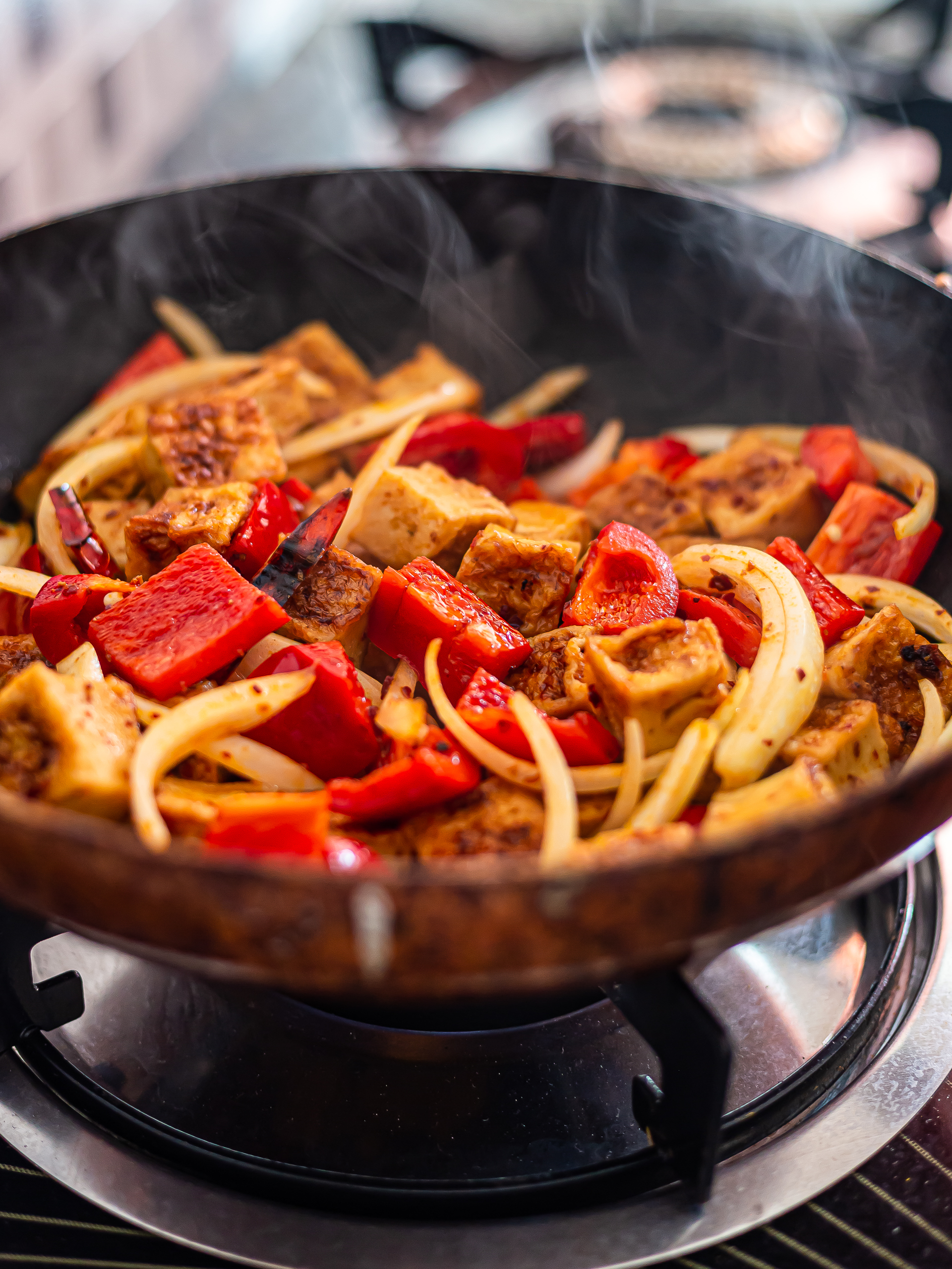 tofu stir fried with peppers and onions