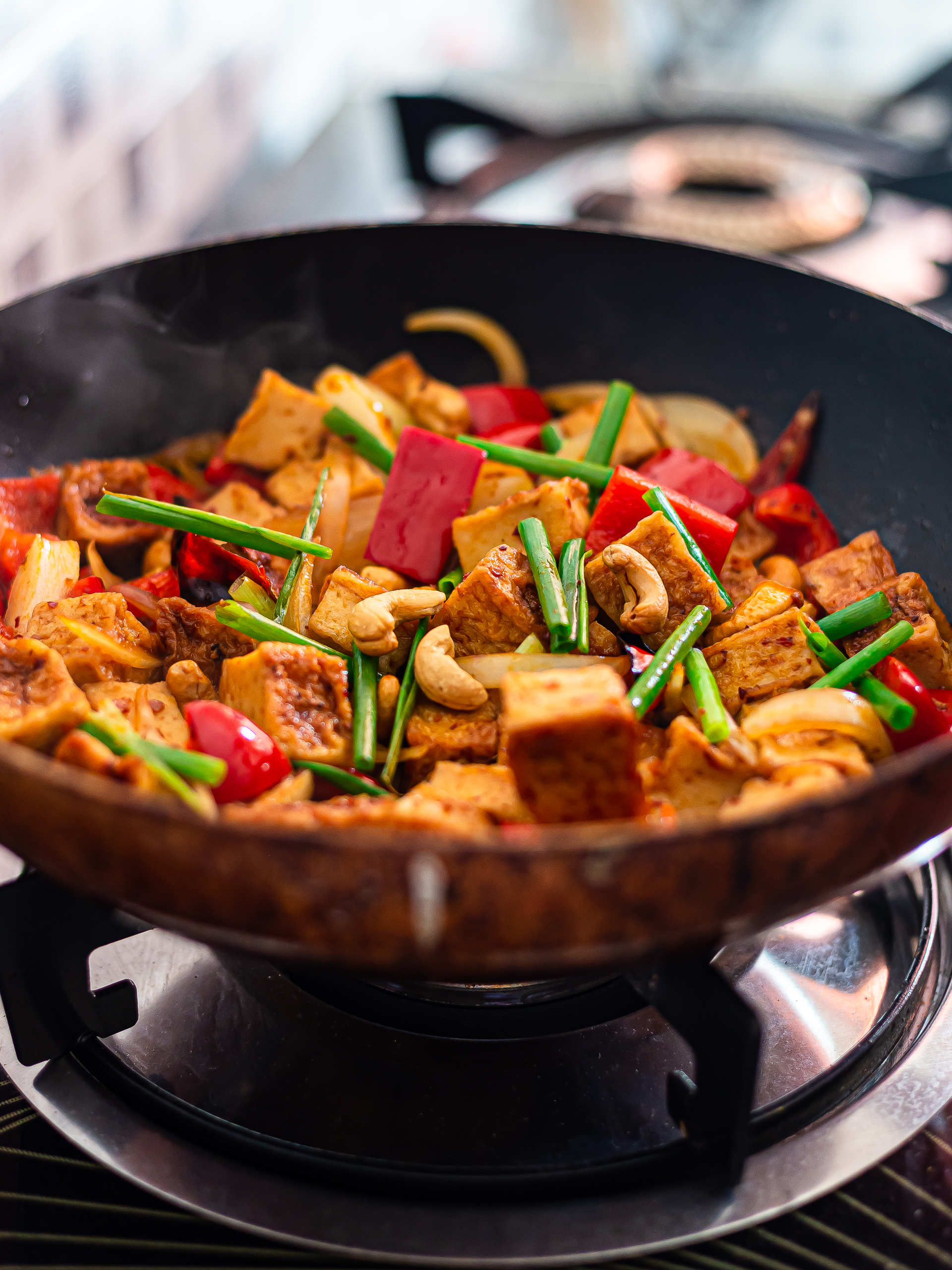 tofu cashew stir fry in a skillet