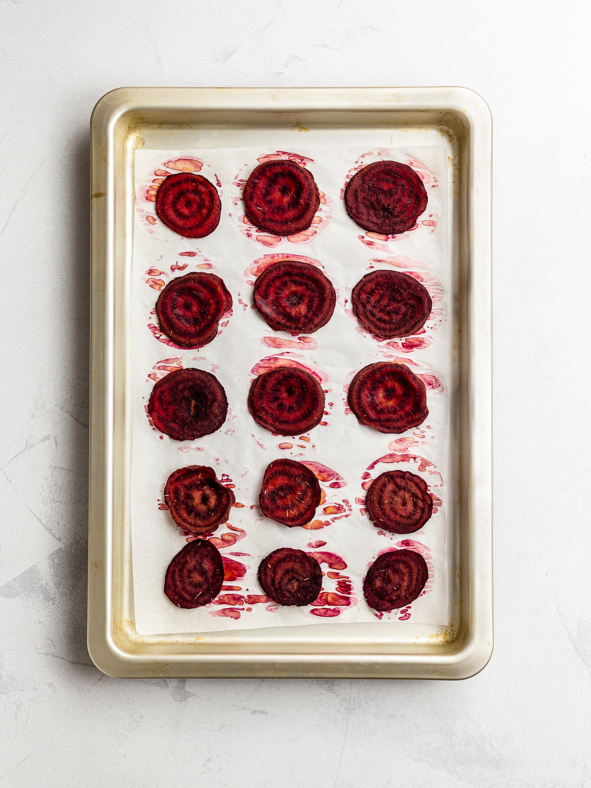 baked beet chips on a tray