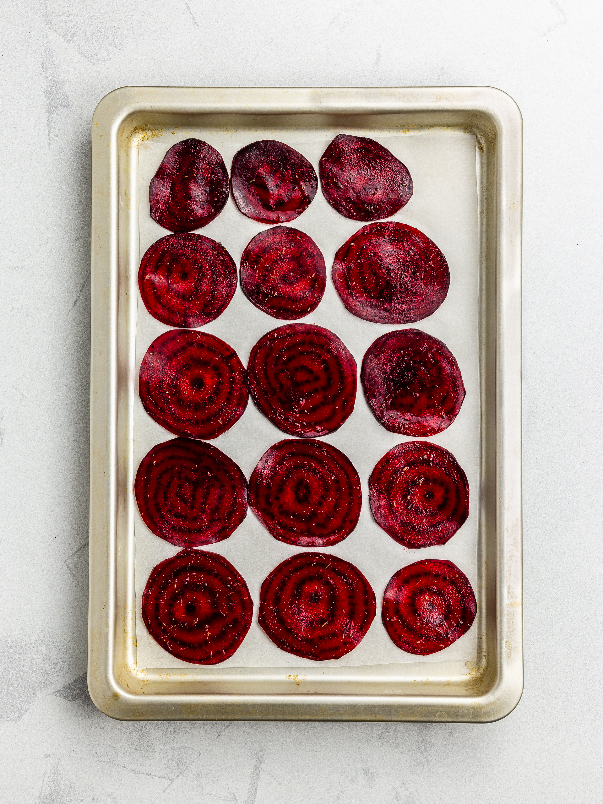 beetroot chips on a baking tray