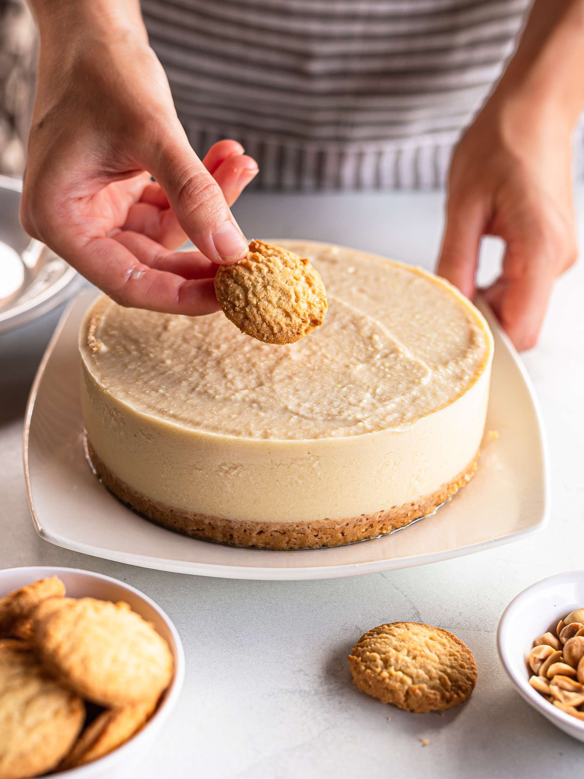 durian cheesecake topped with cookies