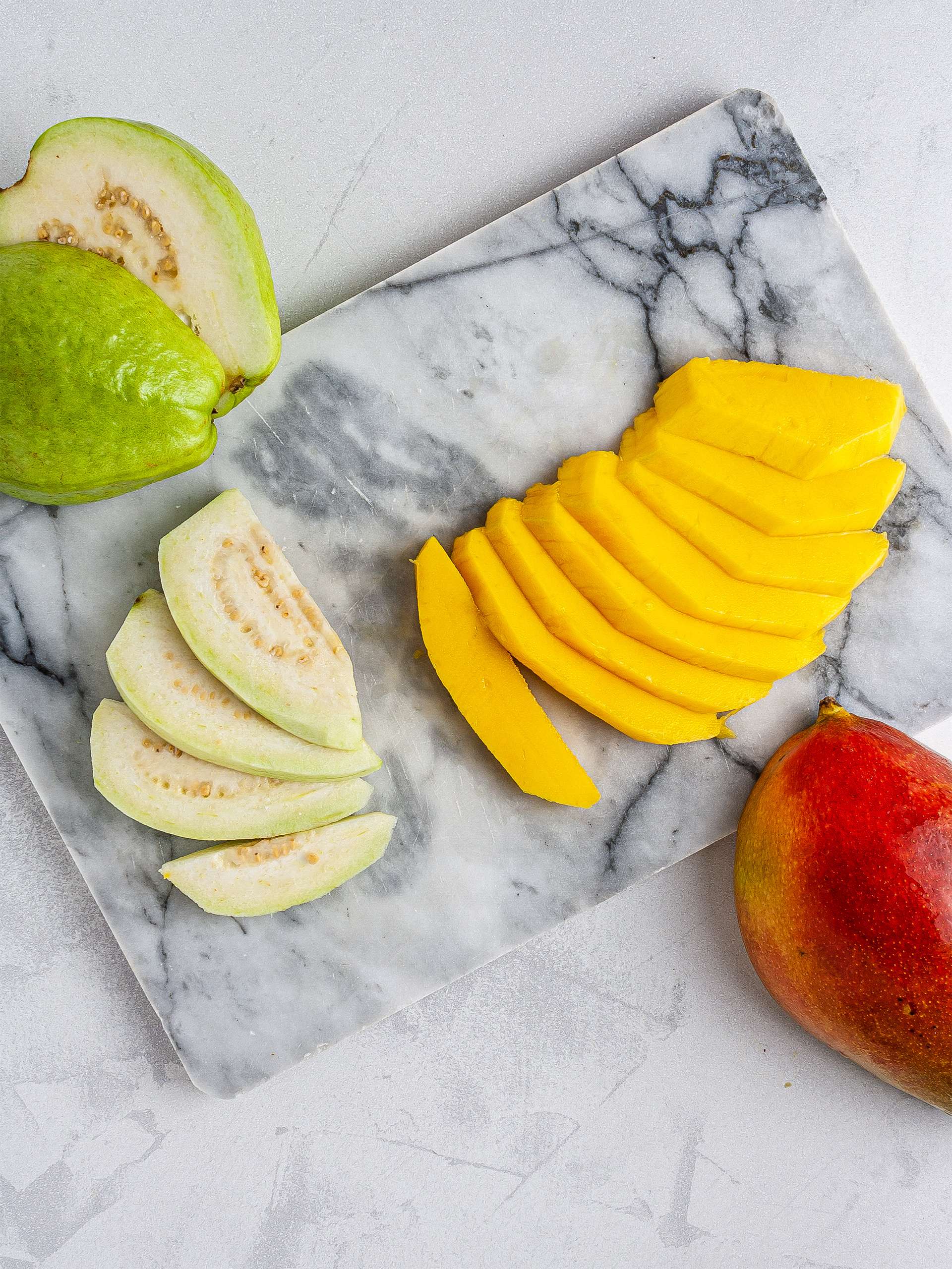 Sliced mango and guava
