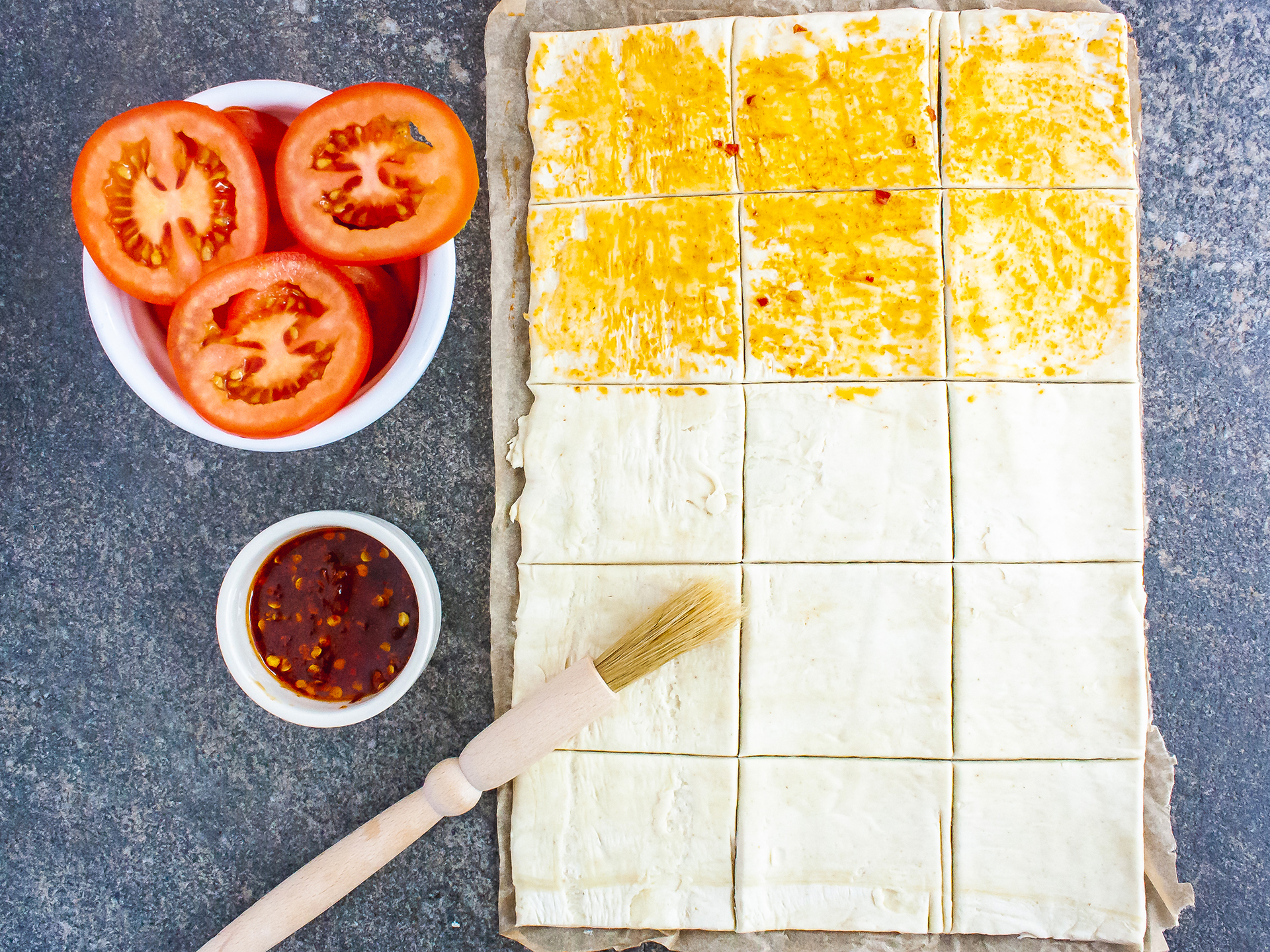 Pastry sheet seasoned and cut into squares 