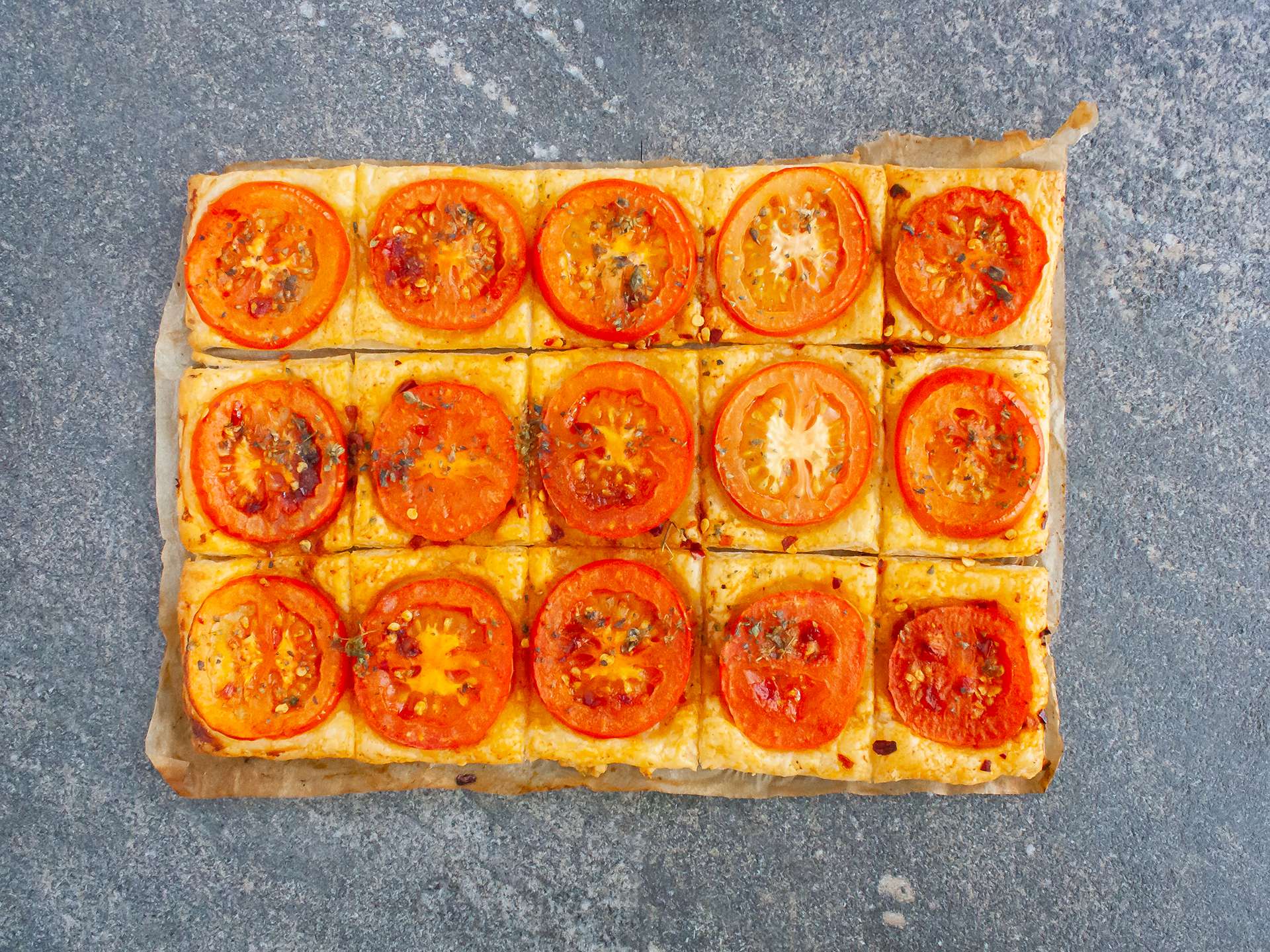 baked pastry sheet squares with tomatoes