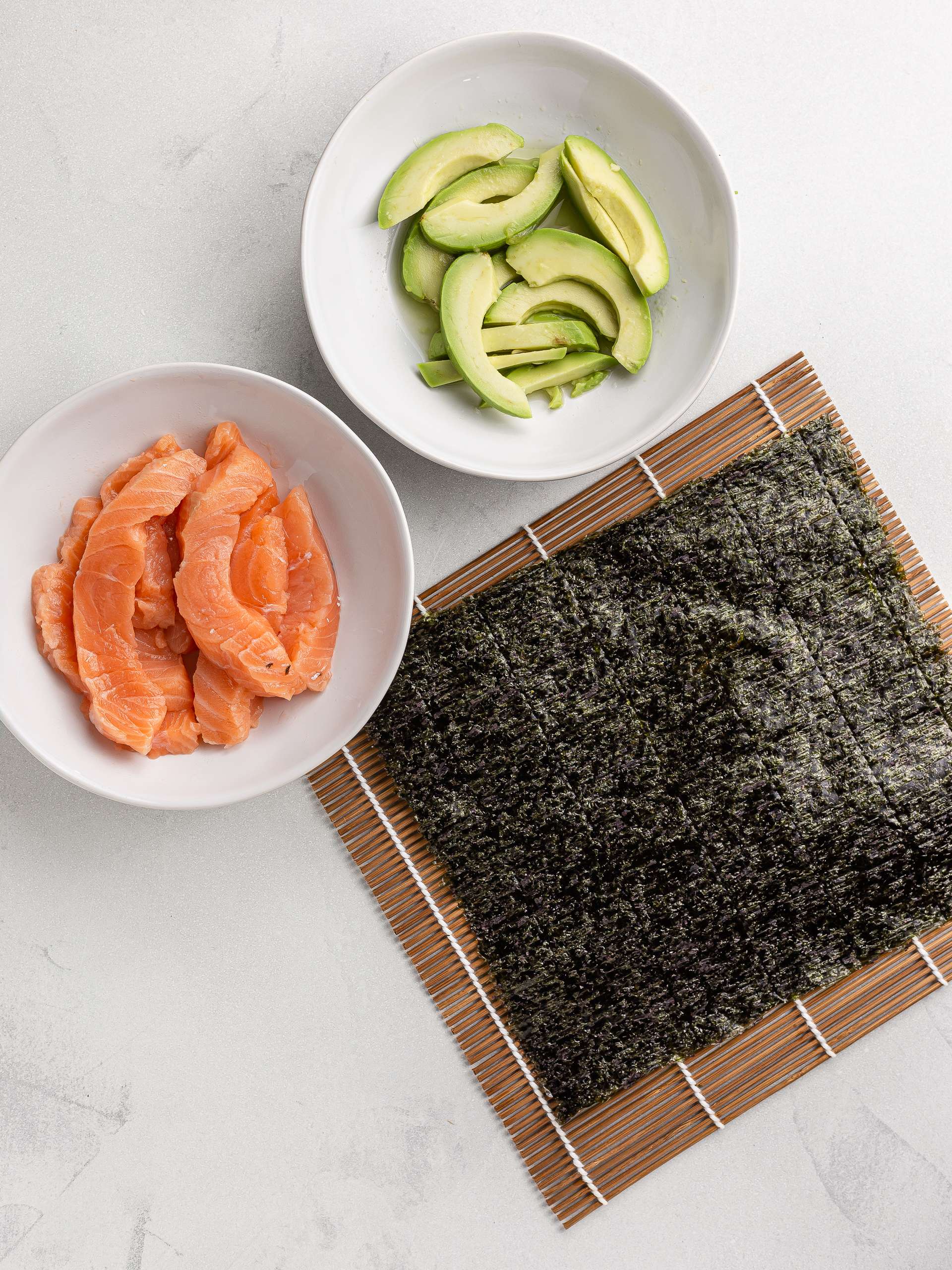 salmon, avocado and nori sheet for sushi