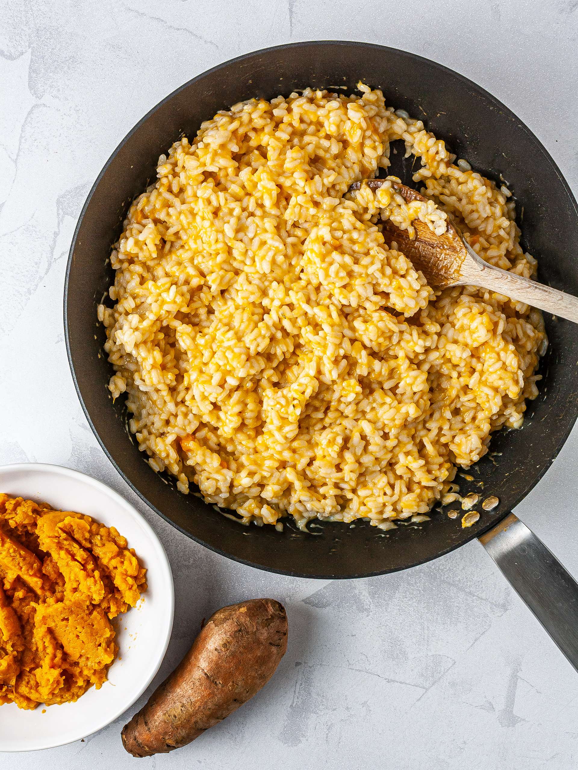 Mashed sweet potato added to the risotto rice.