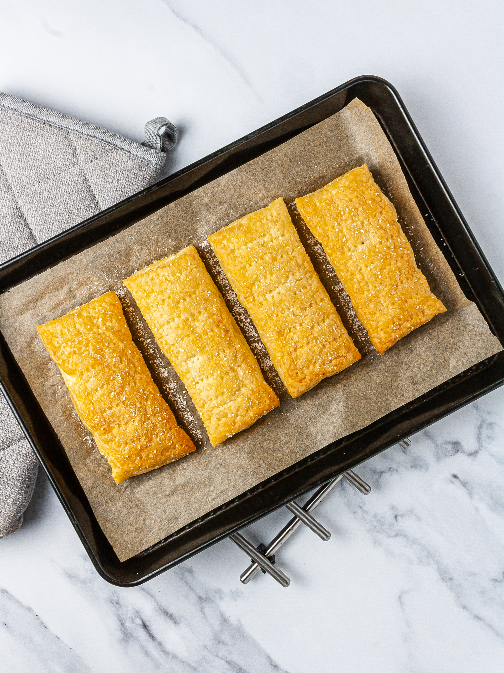 Baked puff pastry in baking tray