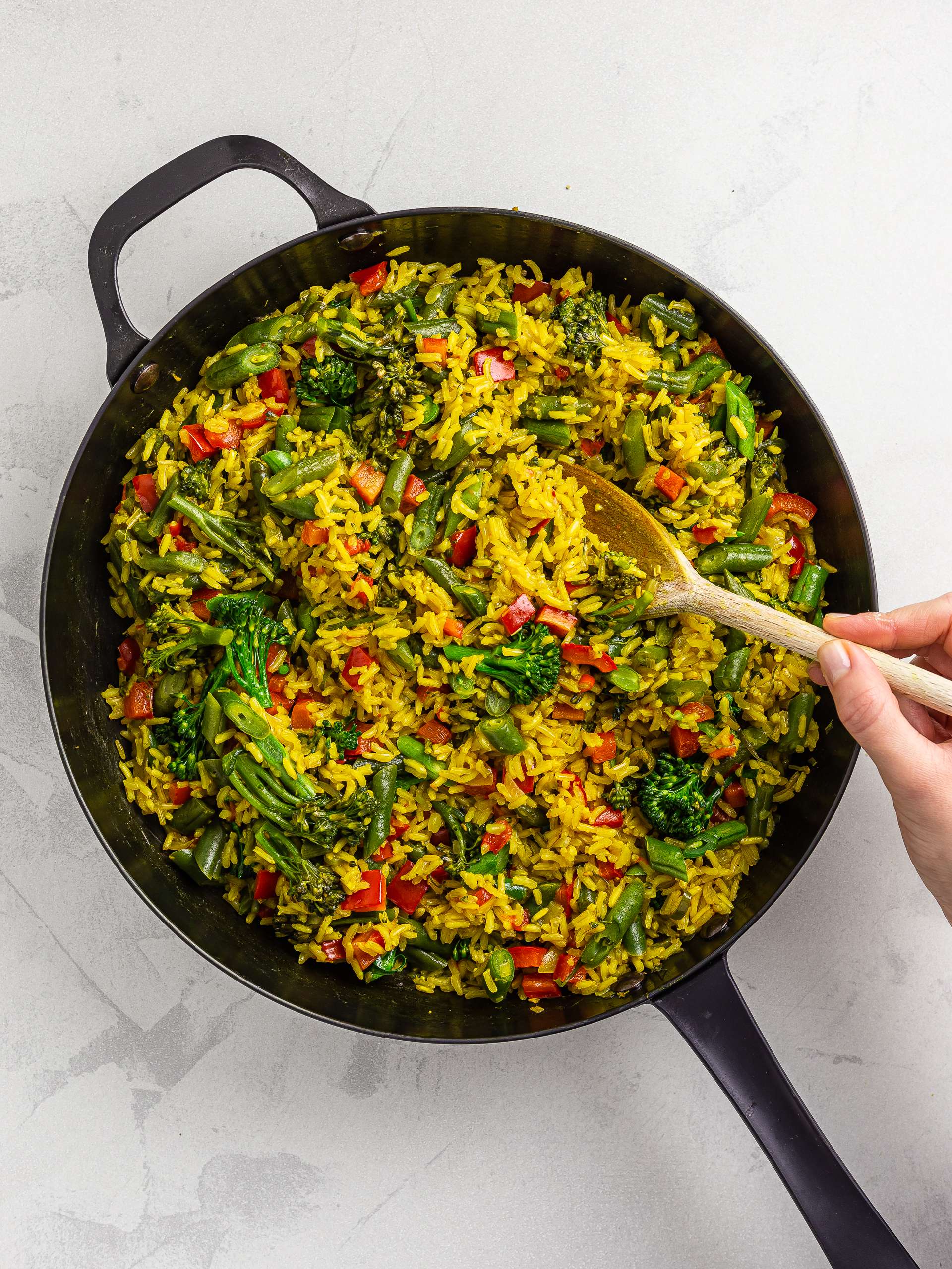 thai pilaf rice with green beans, broccoli, and red peppers