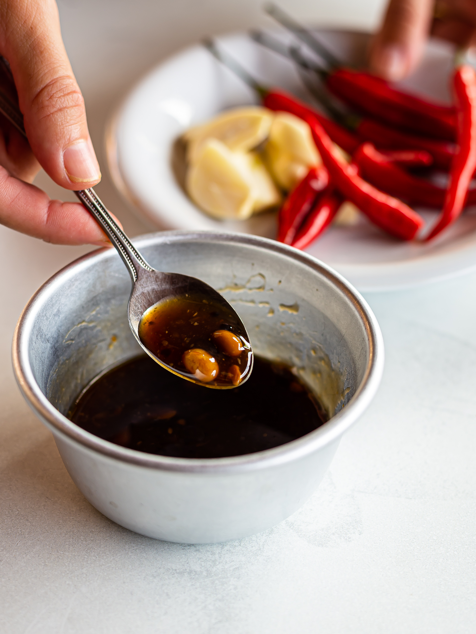 sauce, chillies, and garlic for morning glory stir-fry