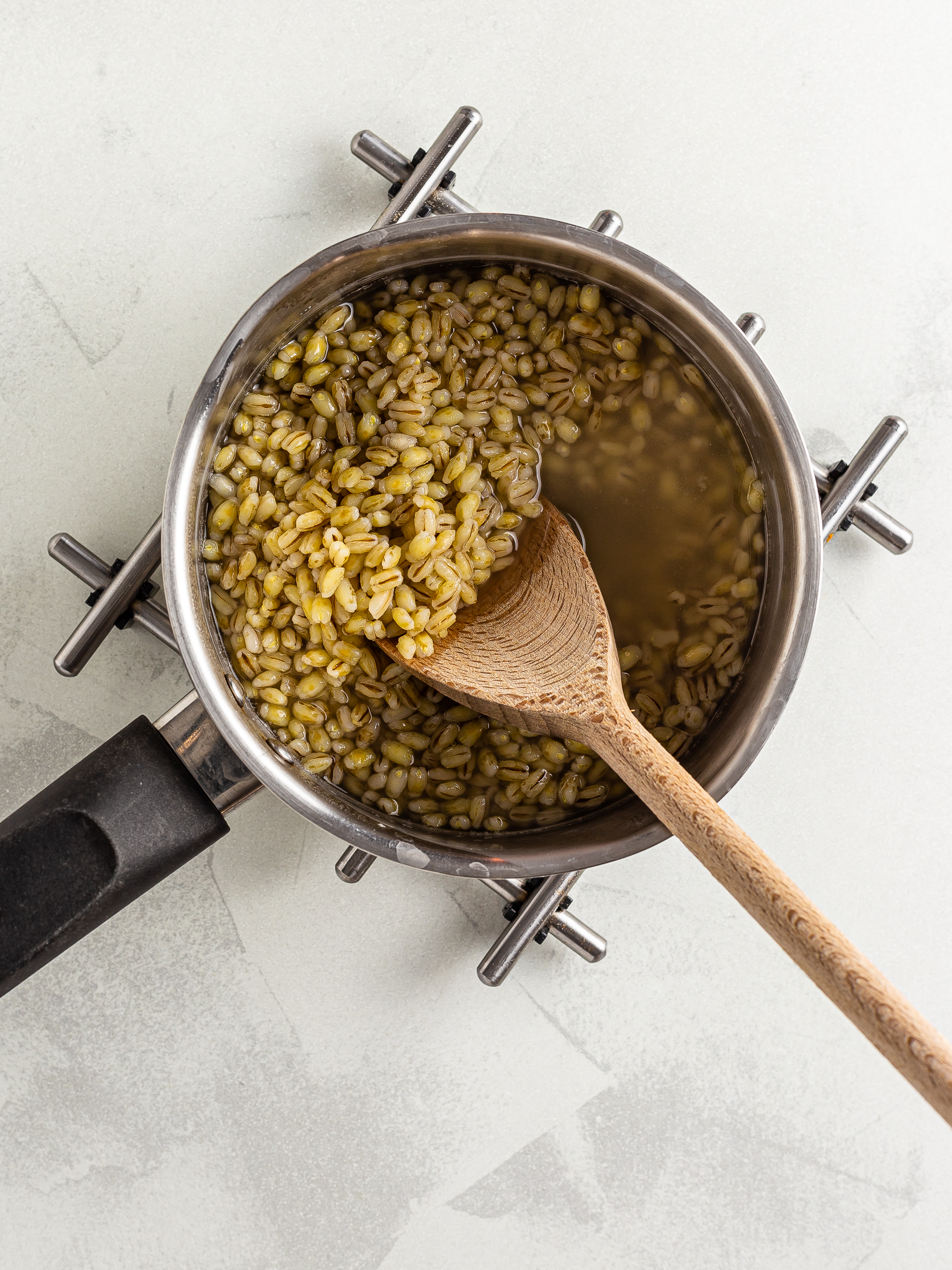 Cooked barley in a pot