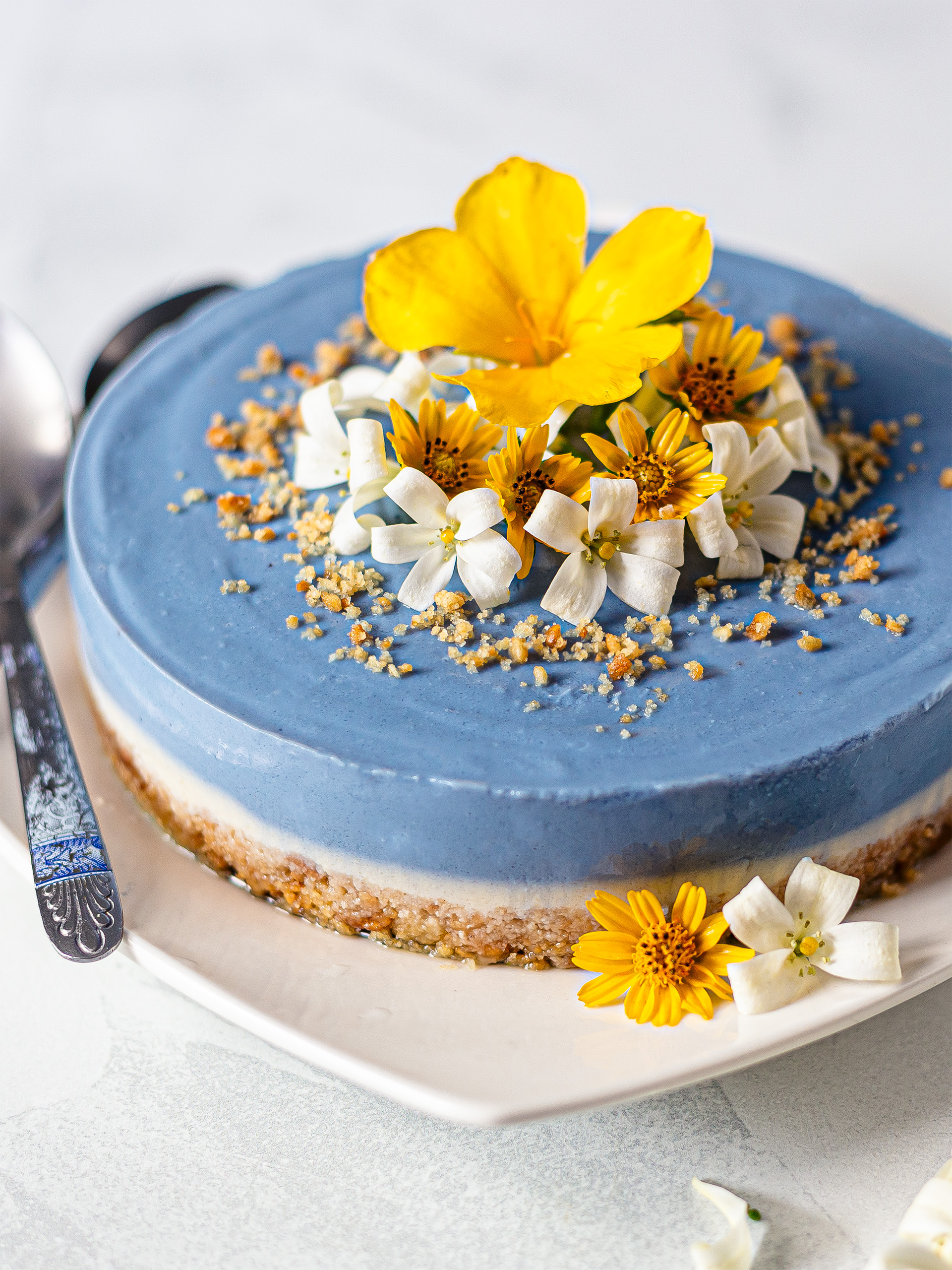 butterfly pea flower blue cheesecake on a plate