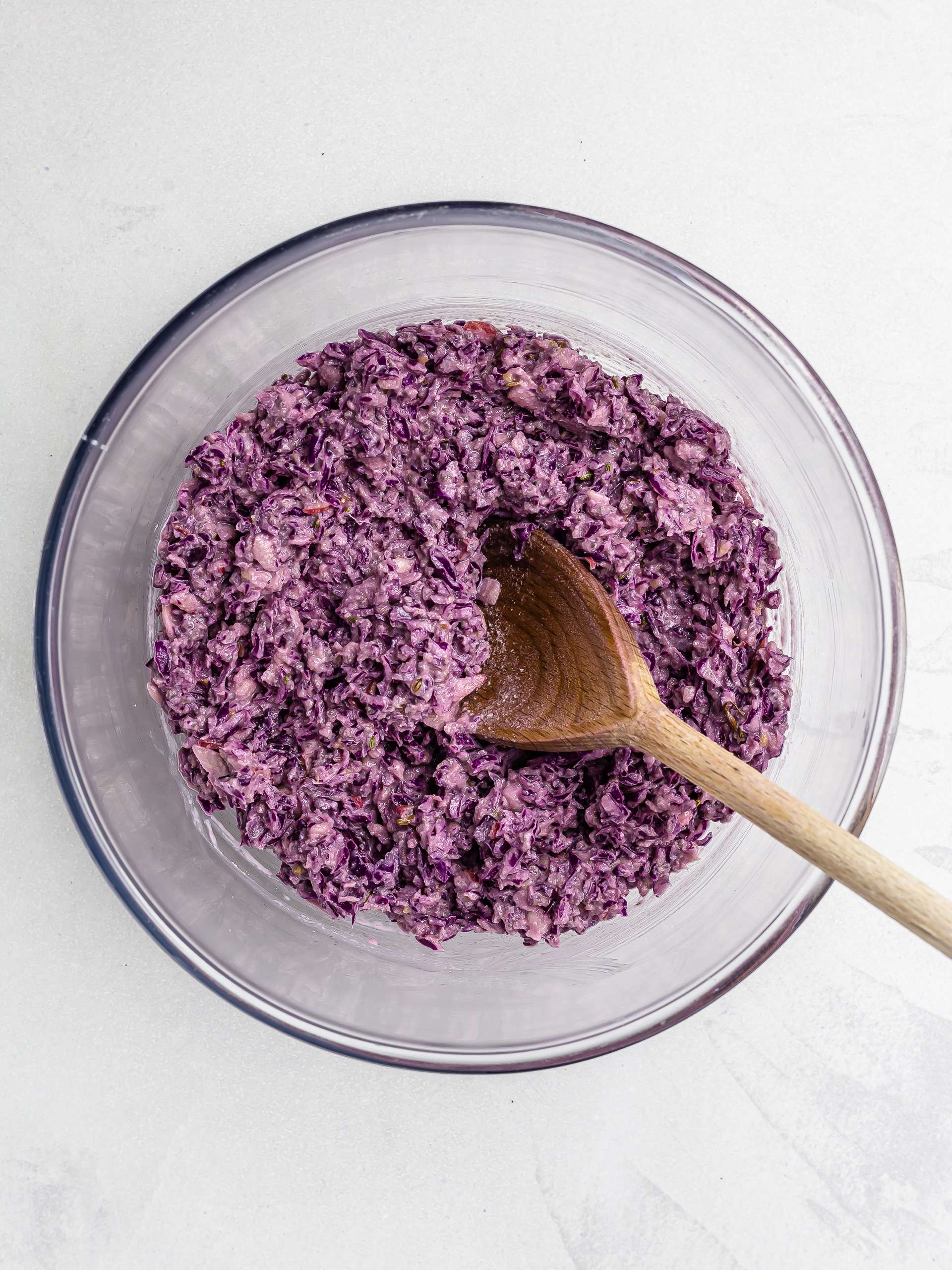 red cabbage fritters mix in a bowl