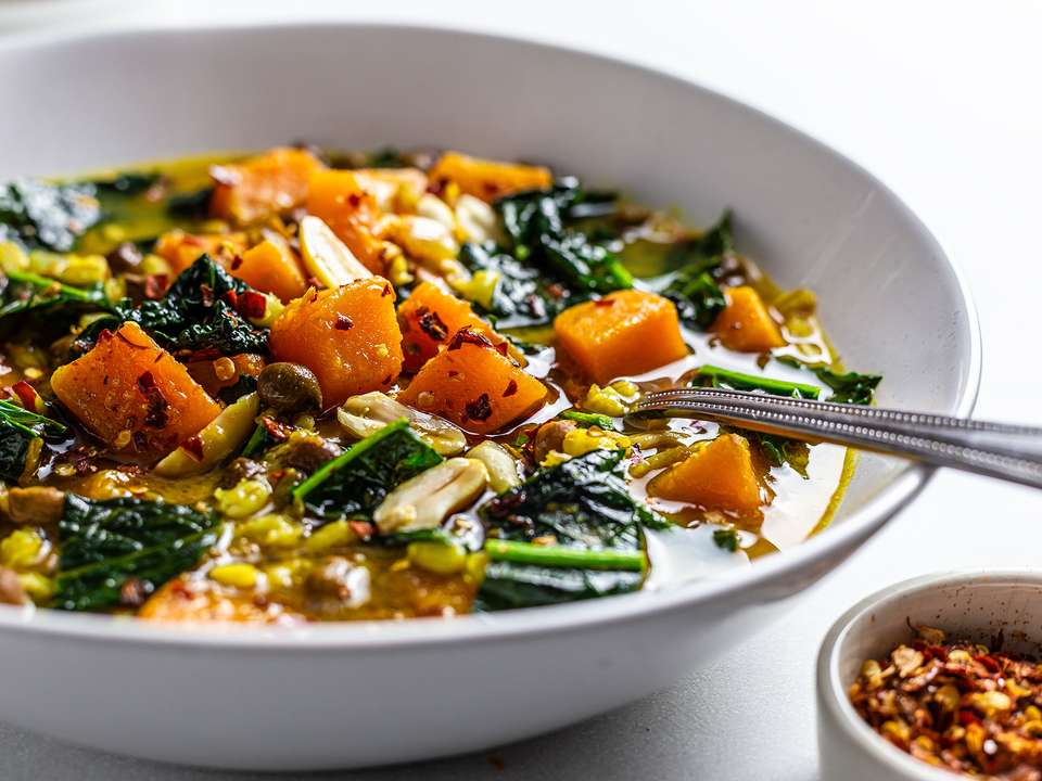 Pumpkin Kale Soup with Brown Chickpeas | Foodaciously