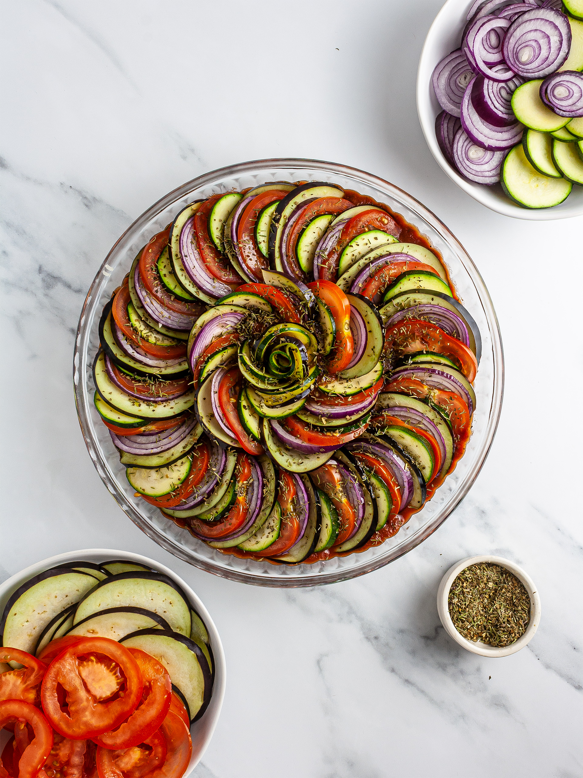 Ratatouille assembled in the baking dish