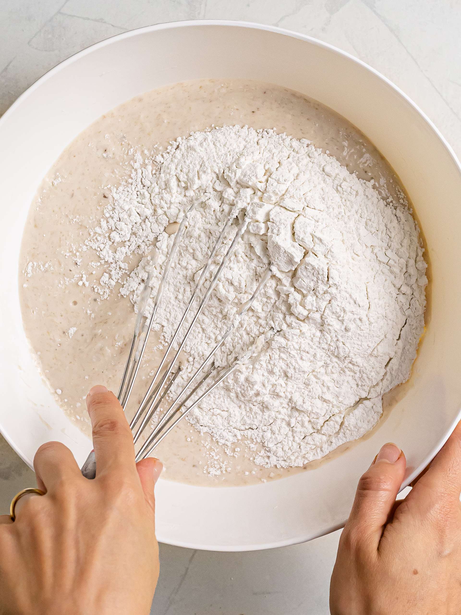 mochi rice flour mixed with banana batter for mochi banana bread cake