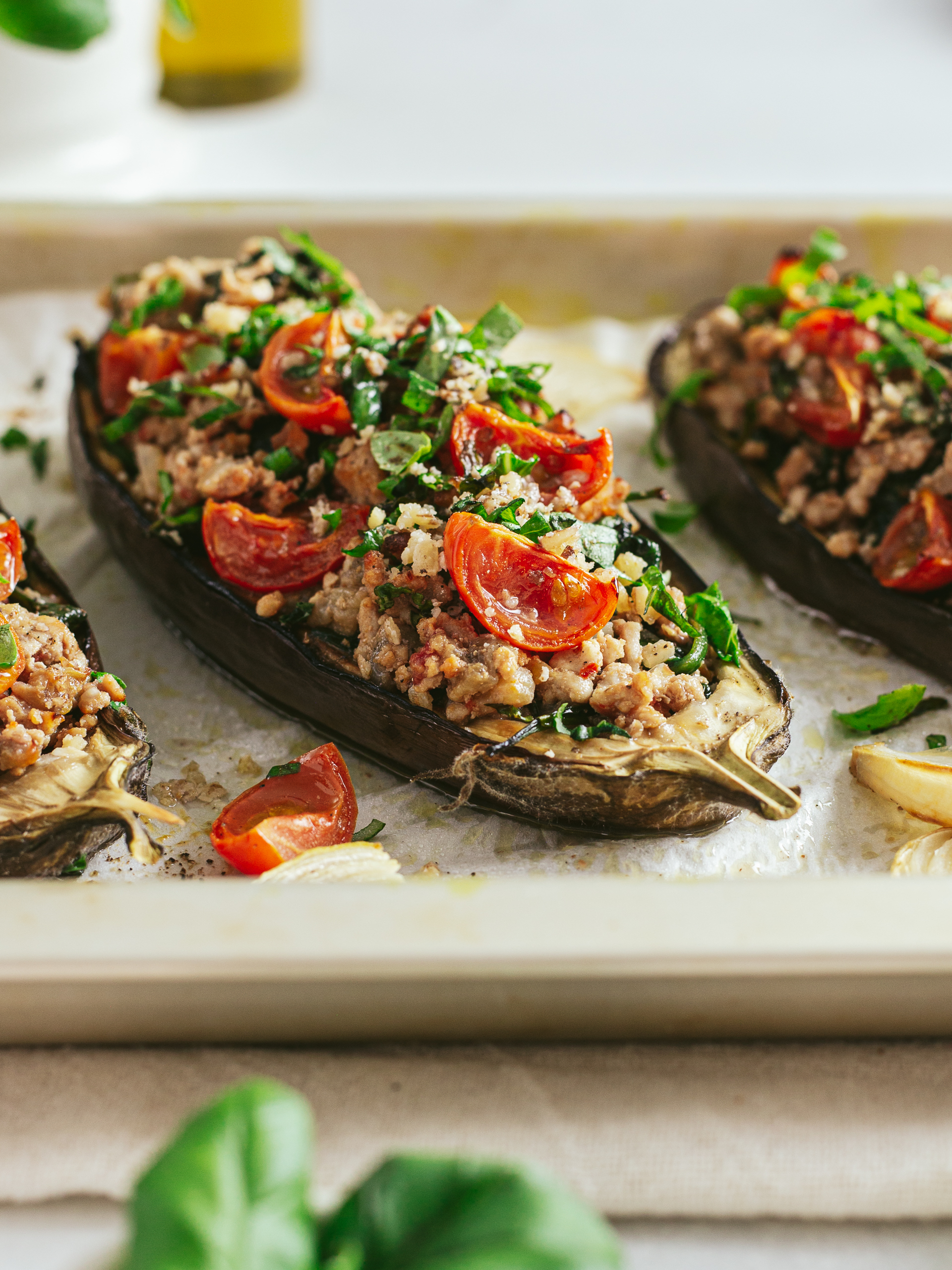 keto stuffed eggplants with mince spinach and tomatoes