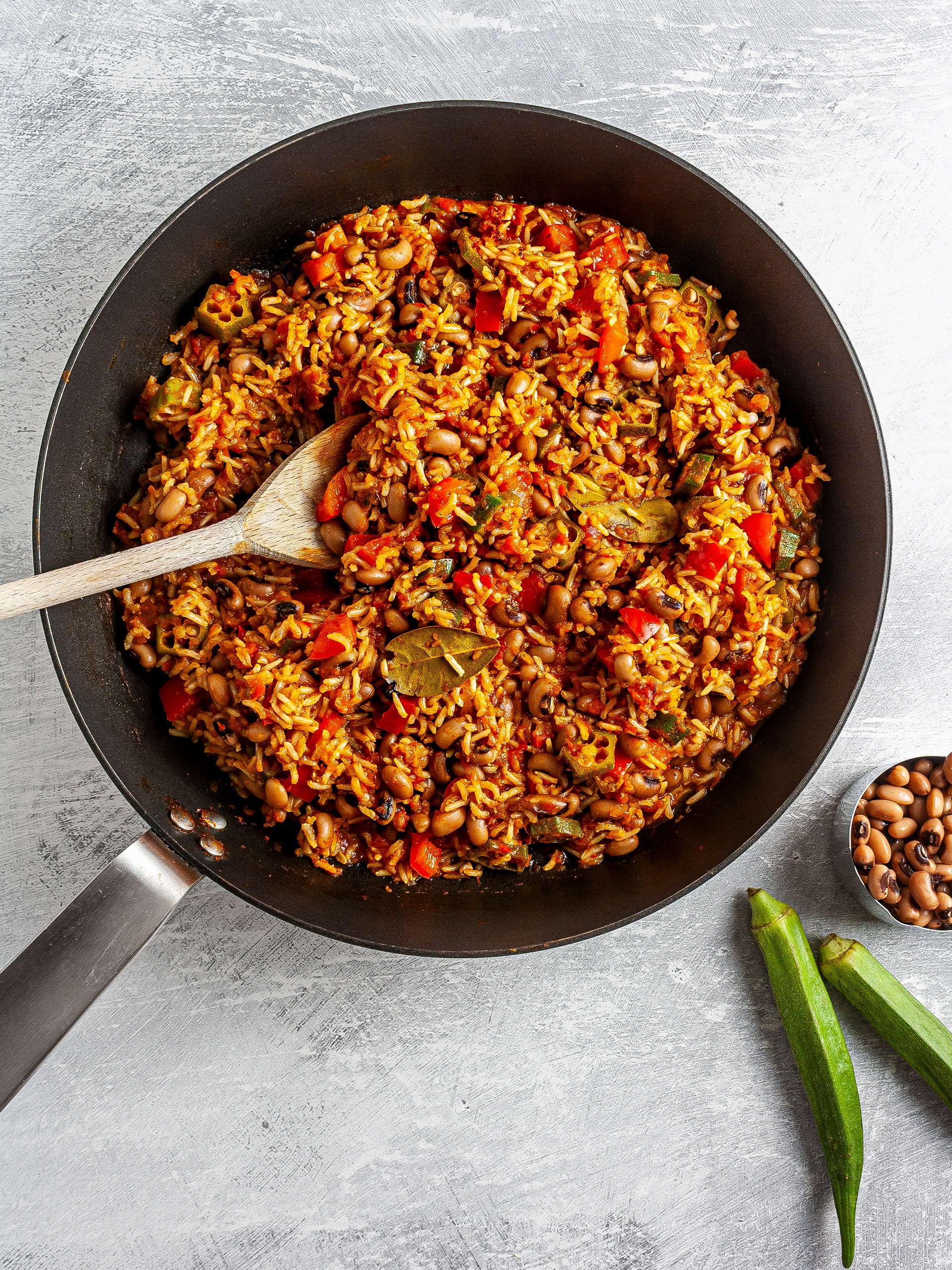 Jollof rice with black-eyed peas and okra