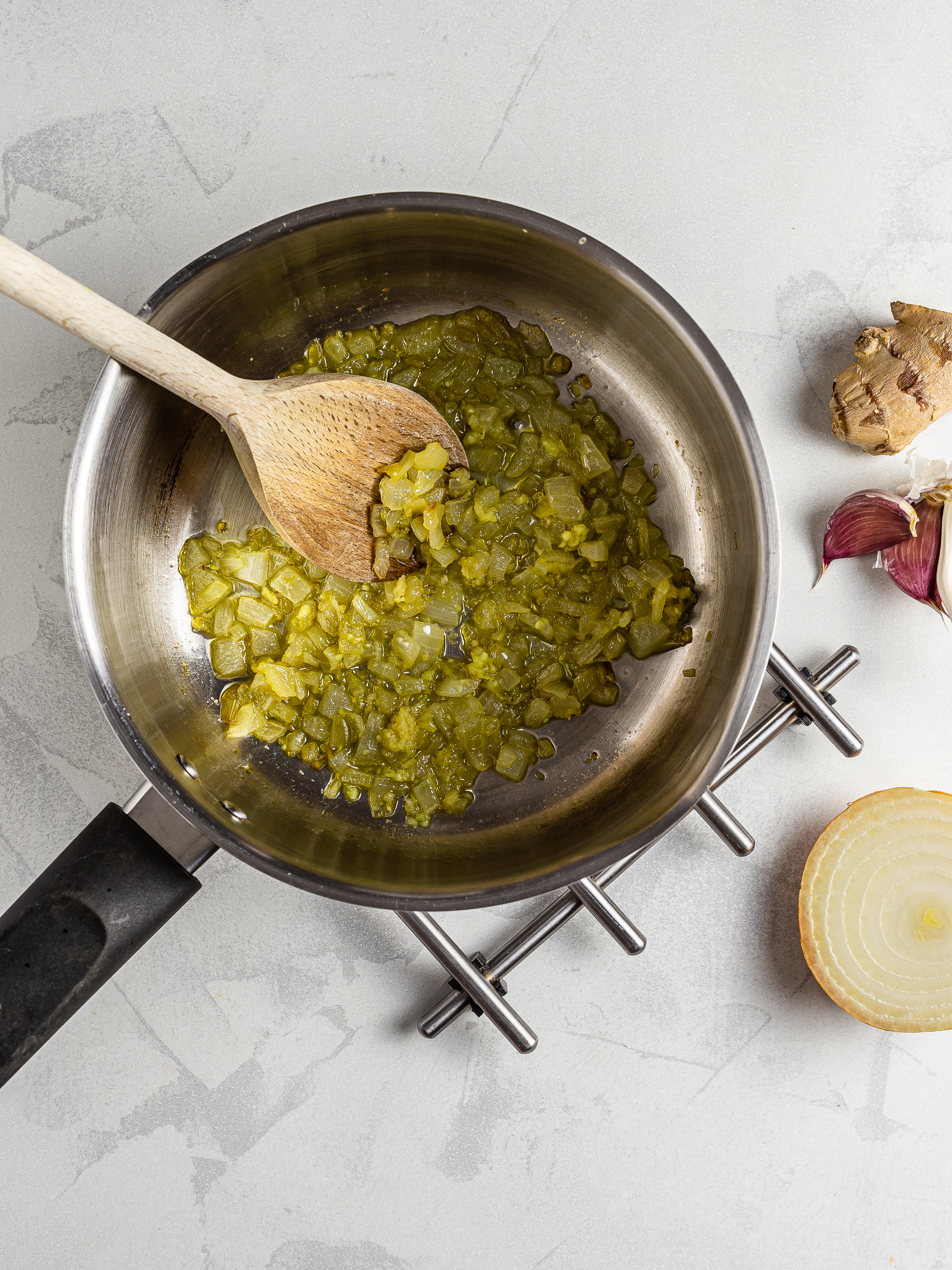 Sizzled onions, garlic, and ginger