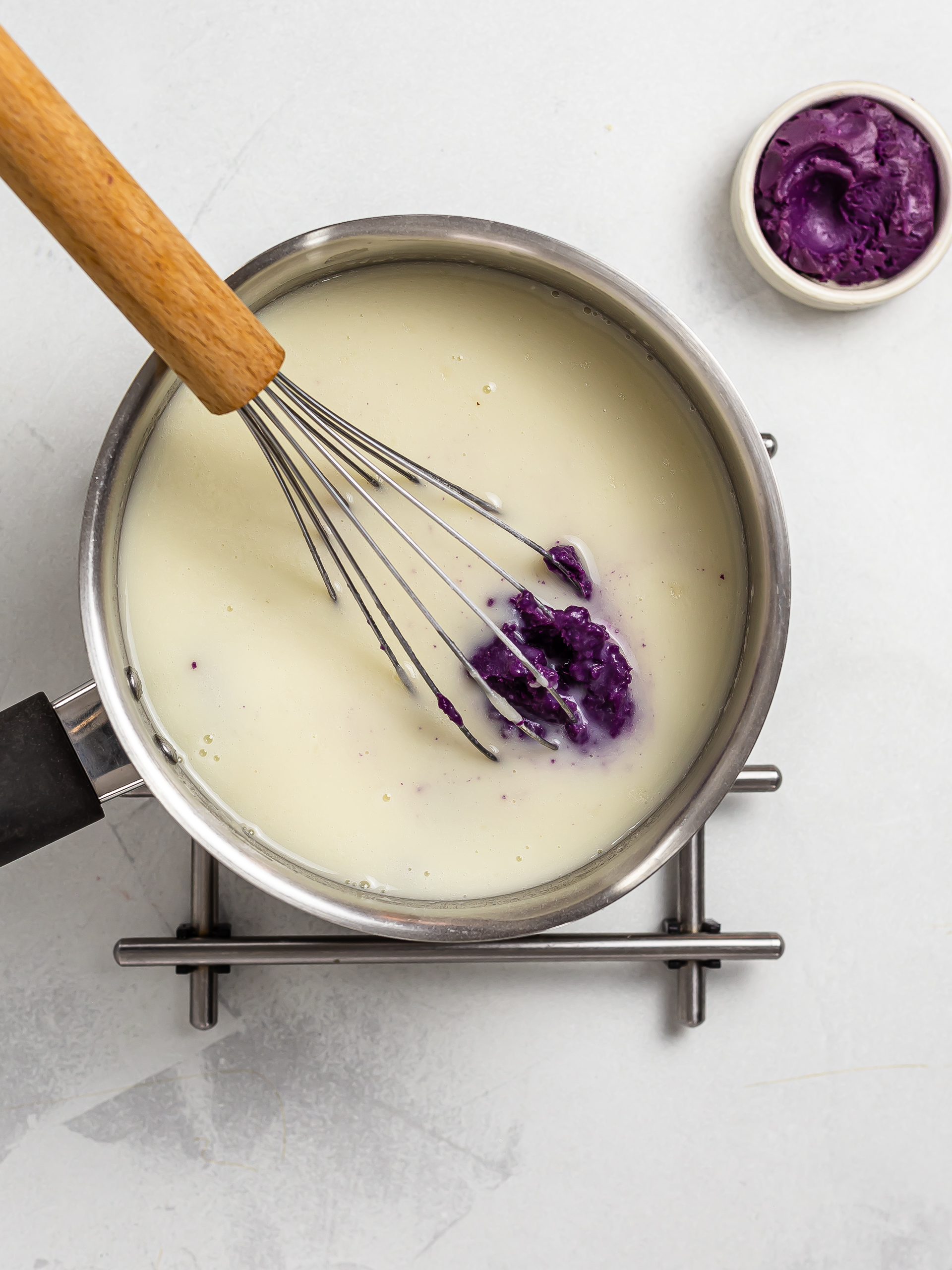 ube flan ingredients in a pot