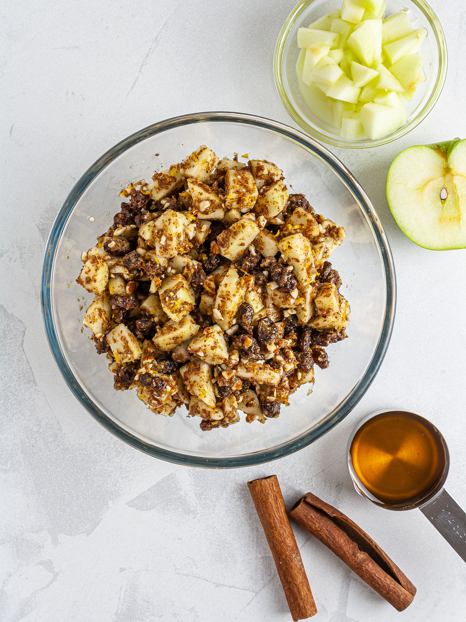 Vegan strudel filling with apples, raisins, almonds and flaxseeds