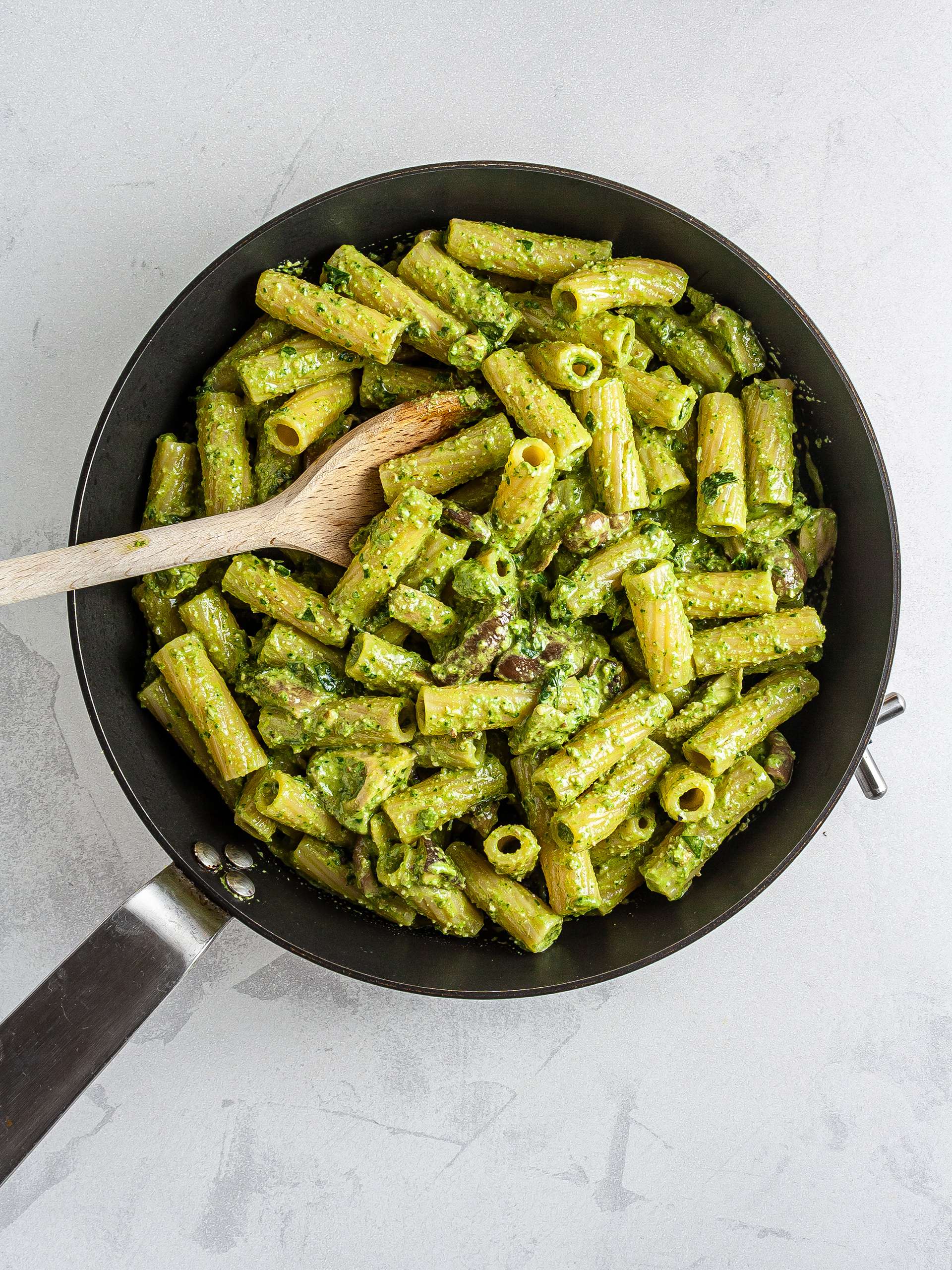 Pasta with mushrooms and pasta in a skillet