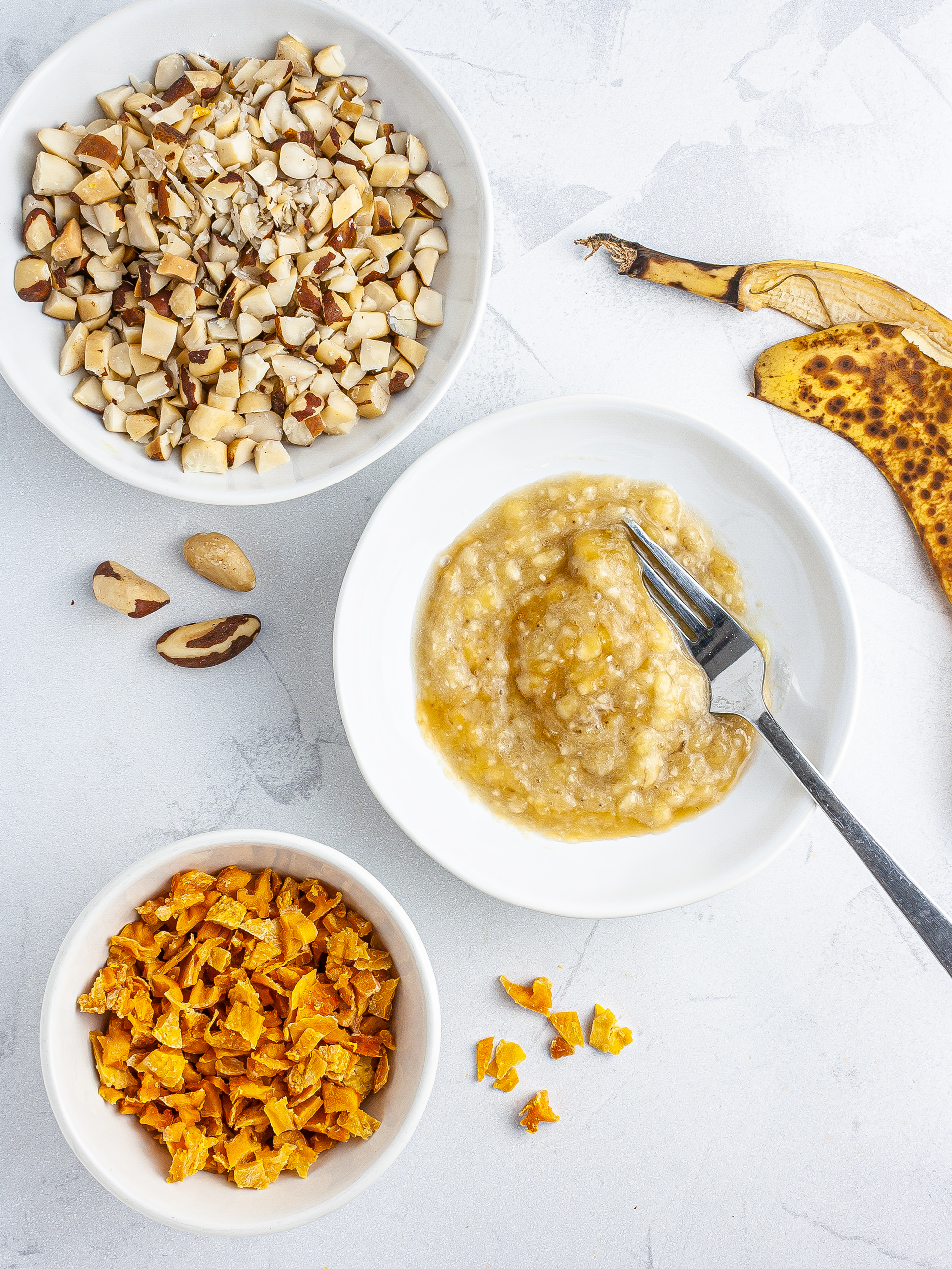 Dried mango, brazil nuts, and mashed bananas.