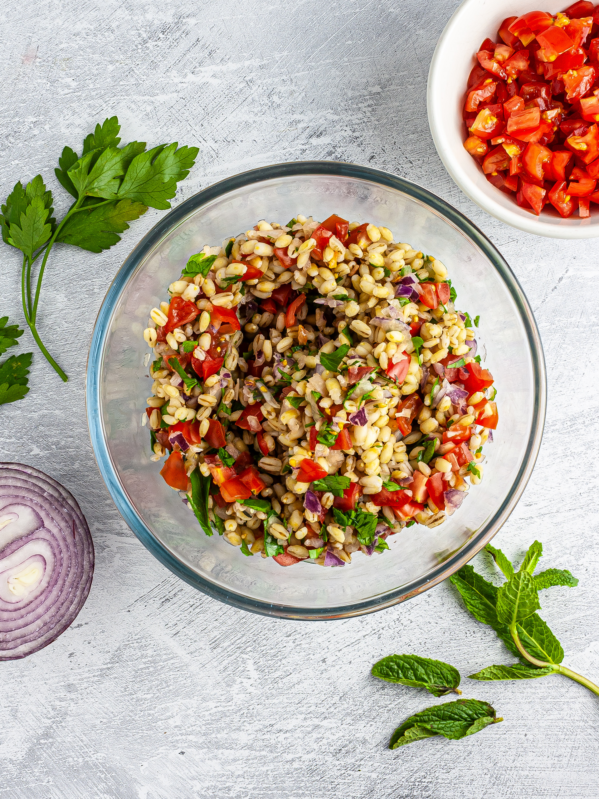 Tabbouleh salad with tomatoes, onions, mint, and parsley