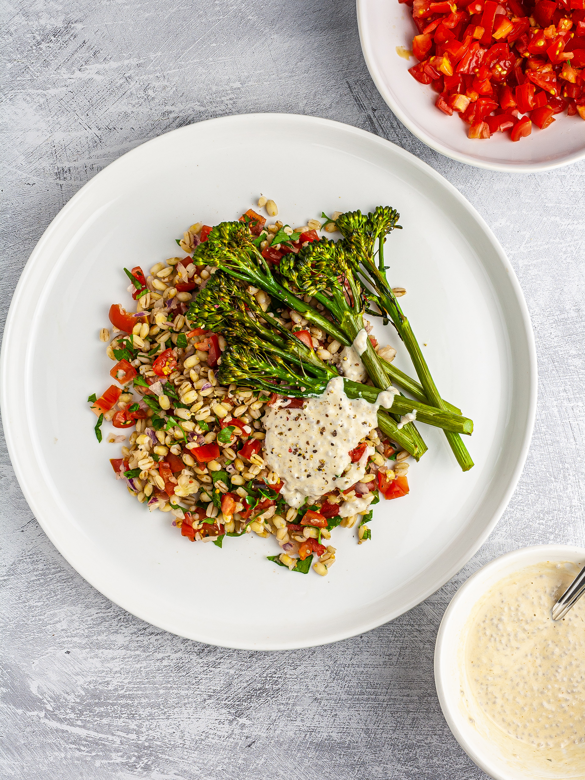 Tabbouleh salad with tenderstem broccoli and tahini dressing