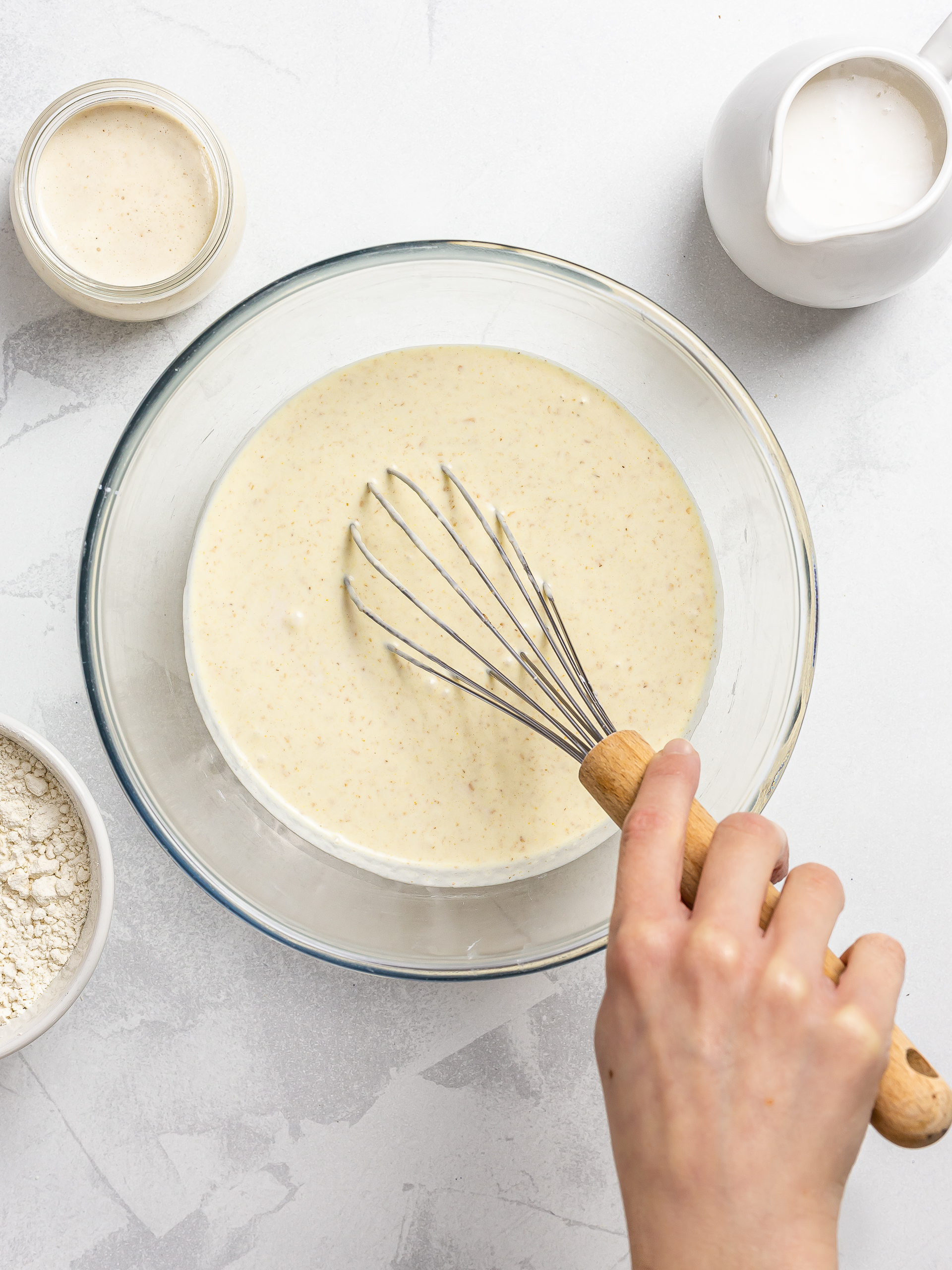 vegan sourdough pancakes batter in a bowl