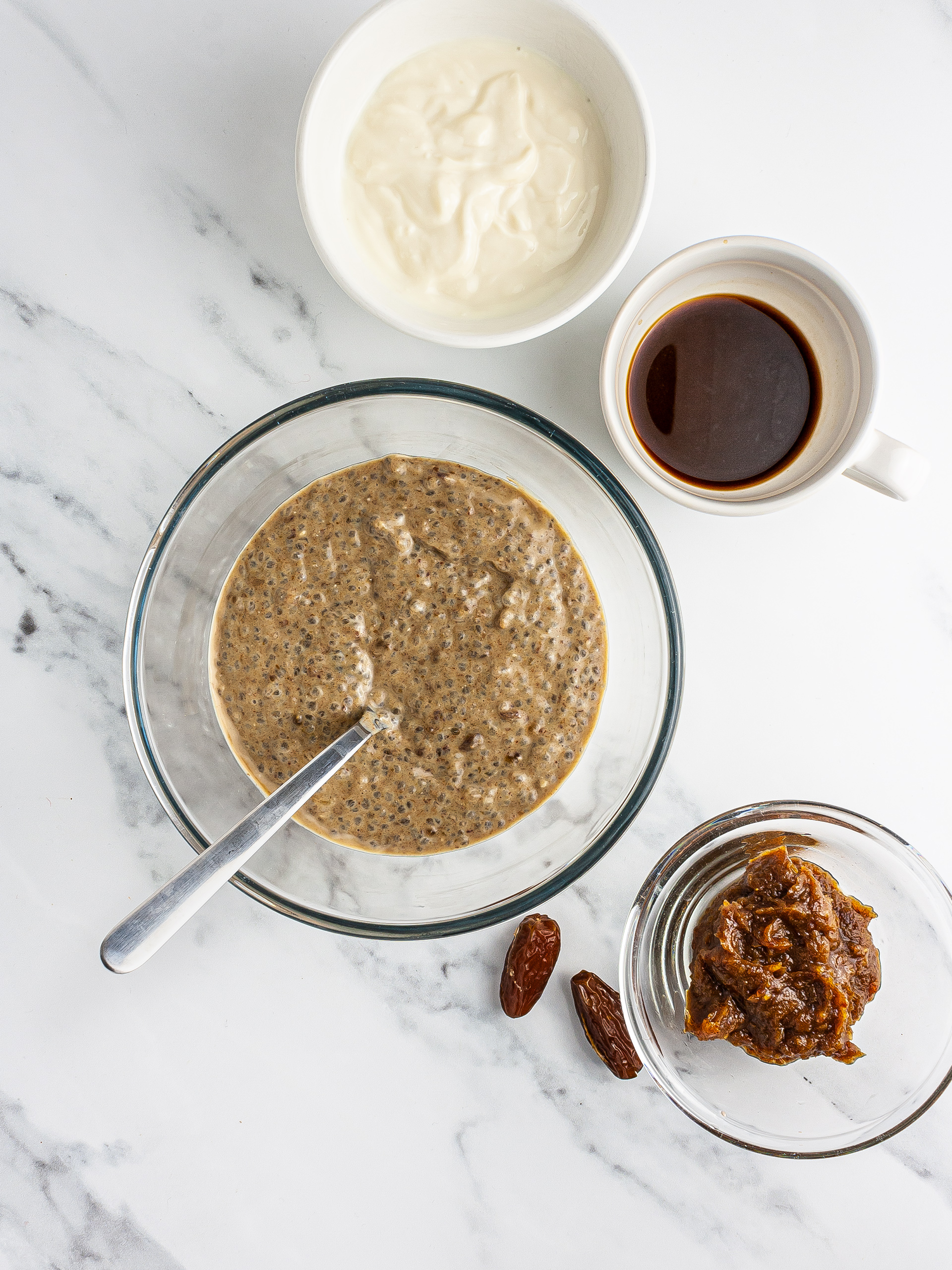 Date paste, chia seeds, yogurt, and coffee mixture.