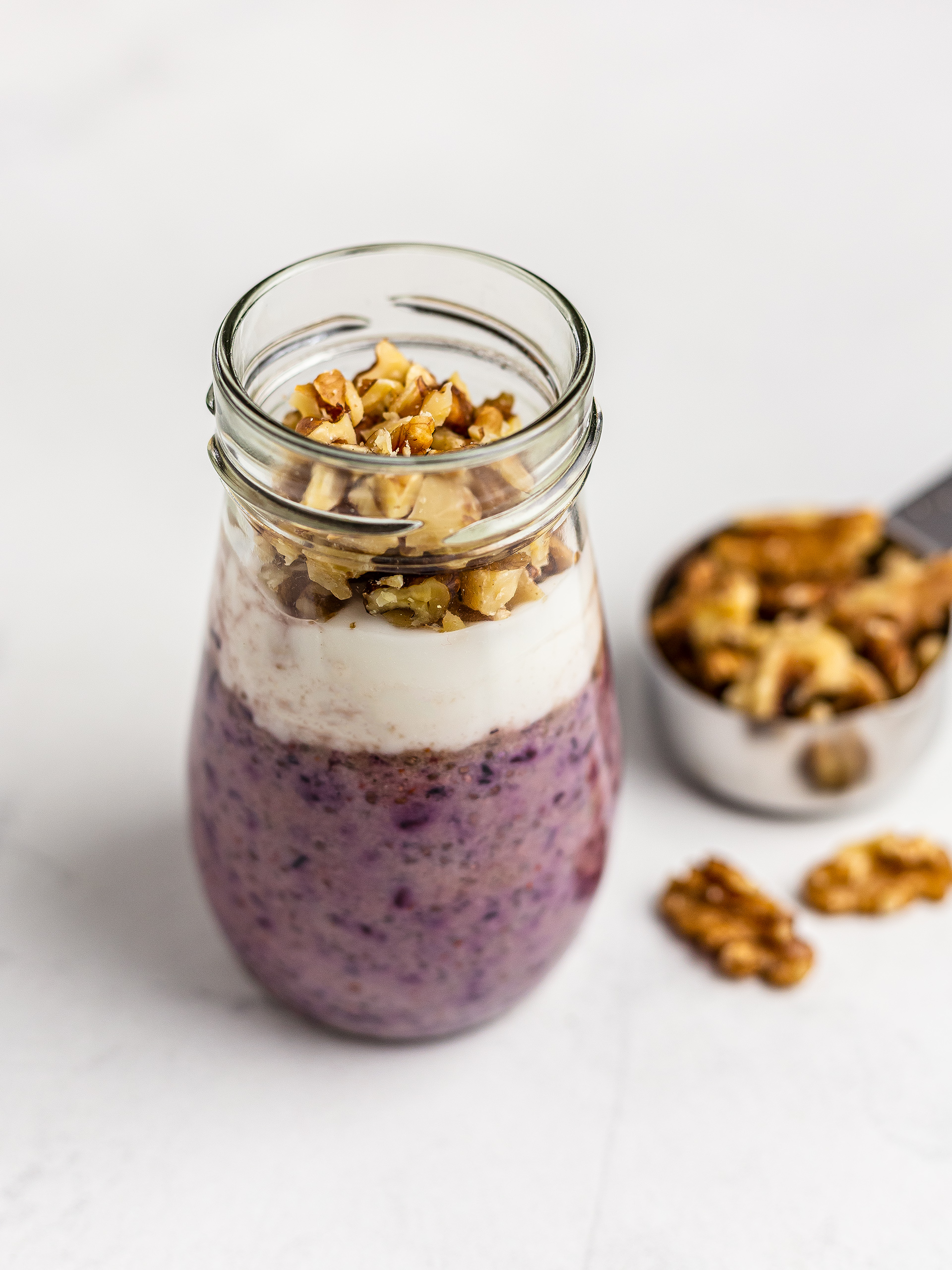 blueberry chia pudding with yogurt and walnuts