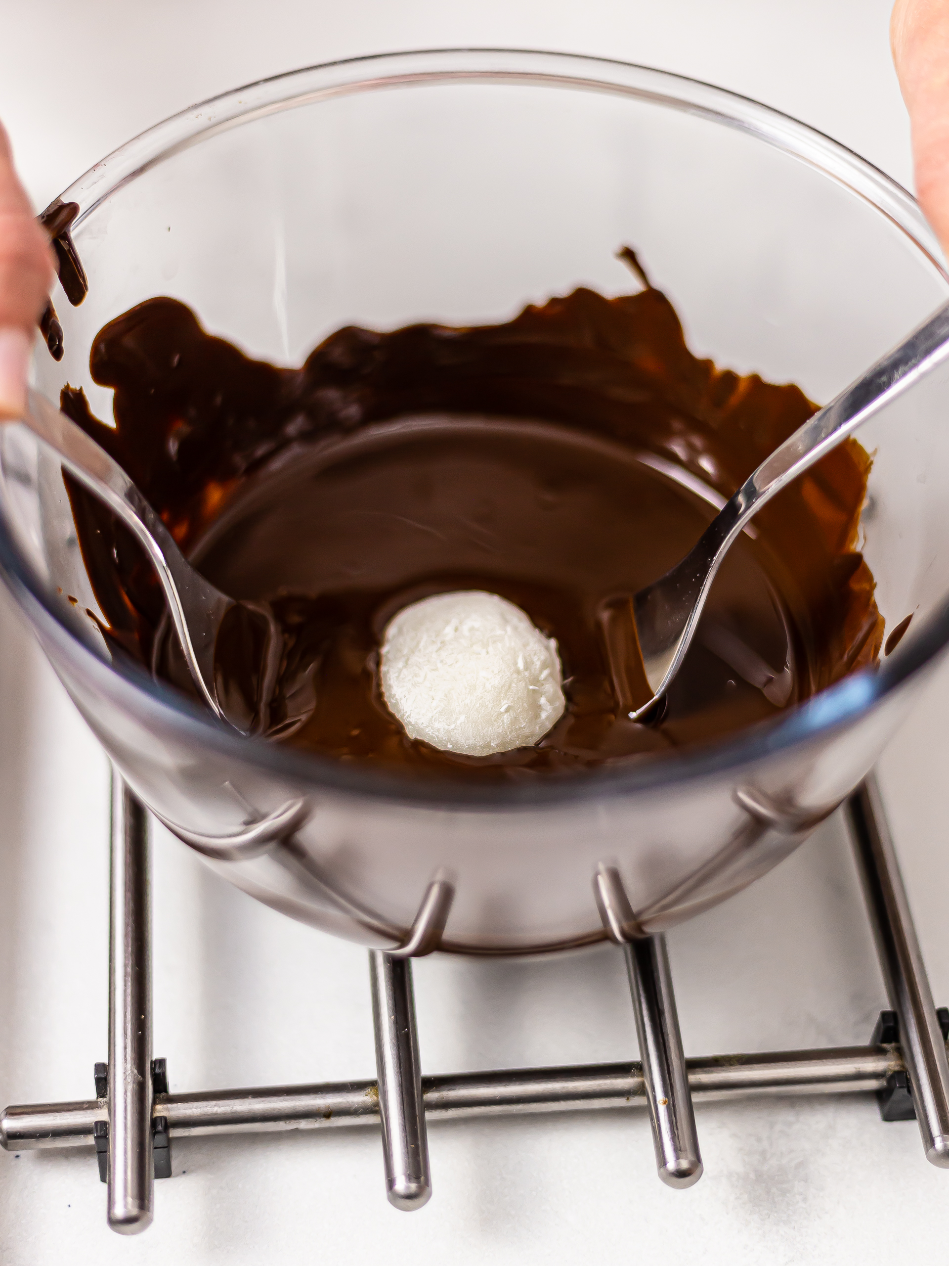 mochi ball dipped in melted chocolate