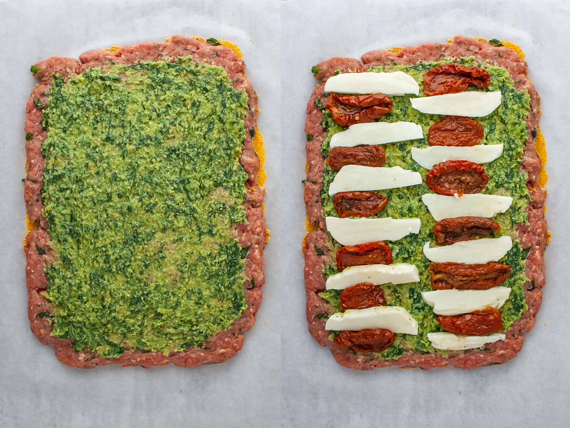 meatloaf mix topped with pesto, cheese and tomatoes