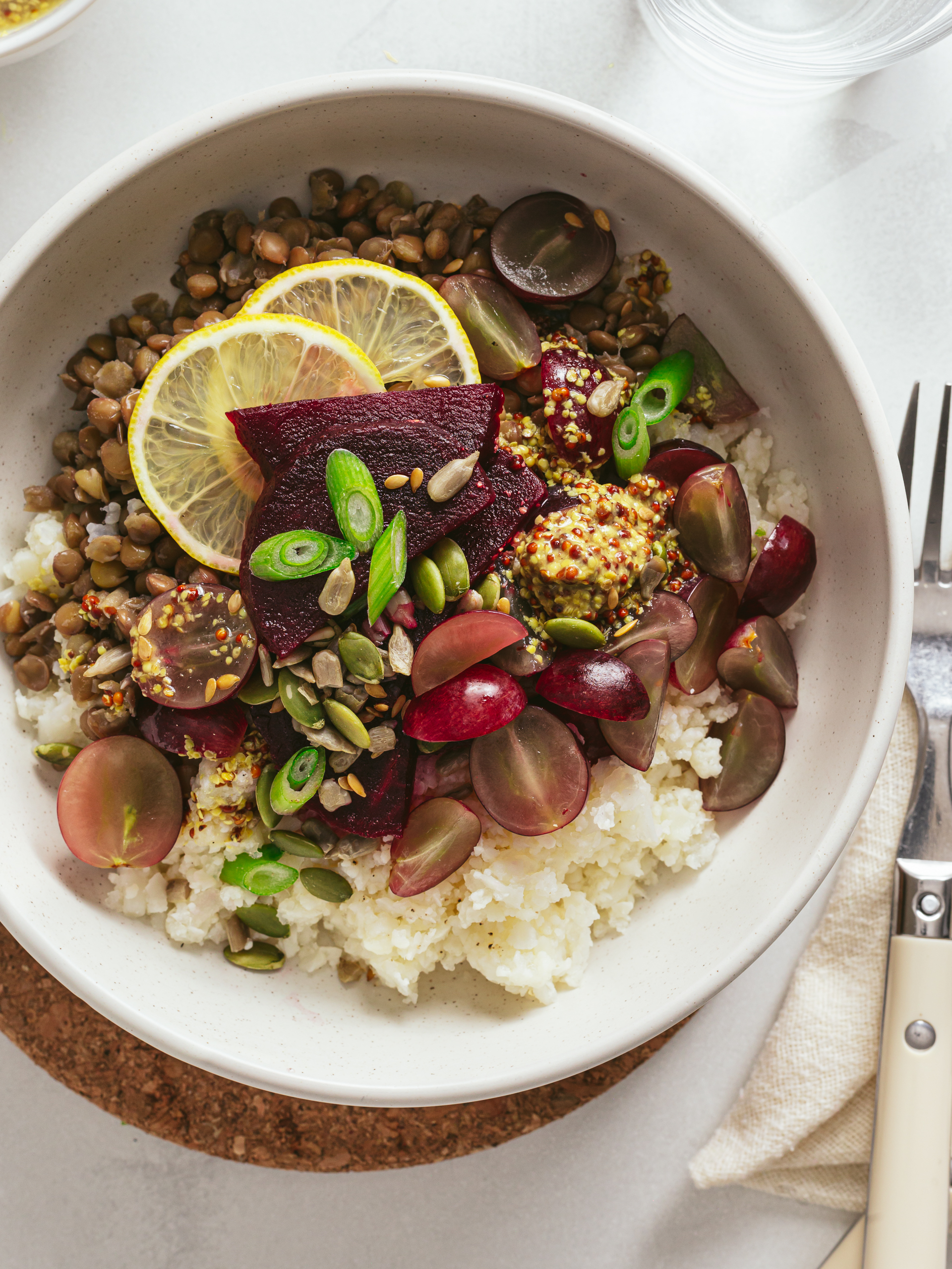 cauliflower rice salad with beets lentils and grapes