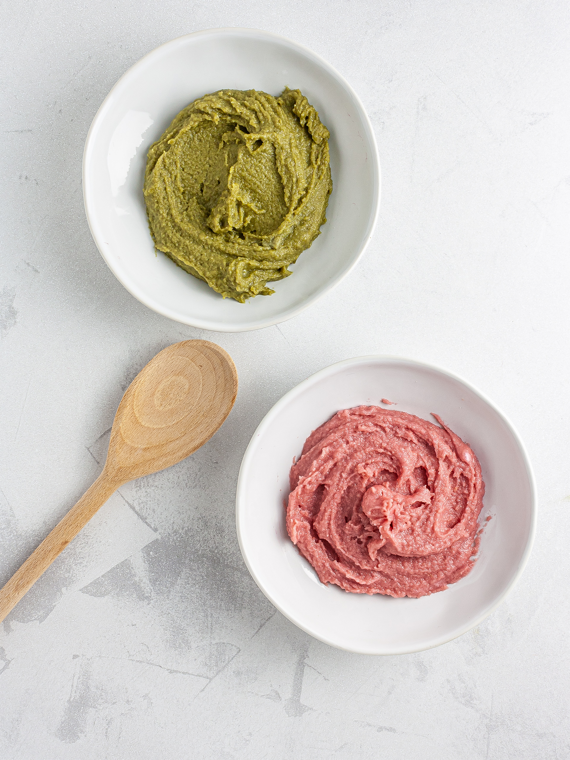 Pink and green macaron batter