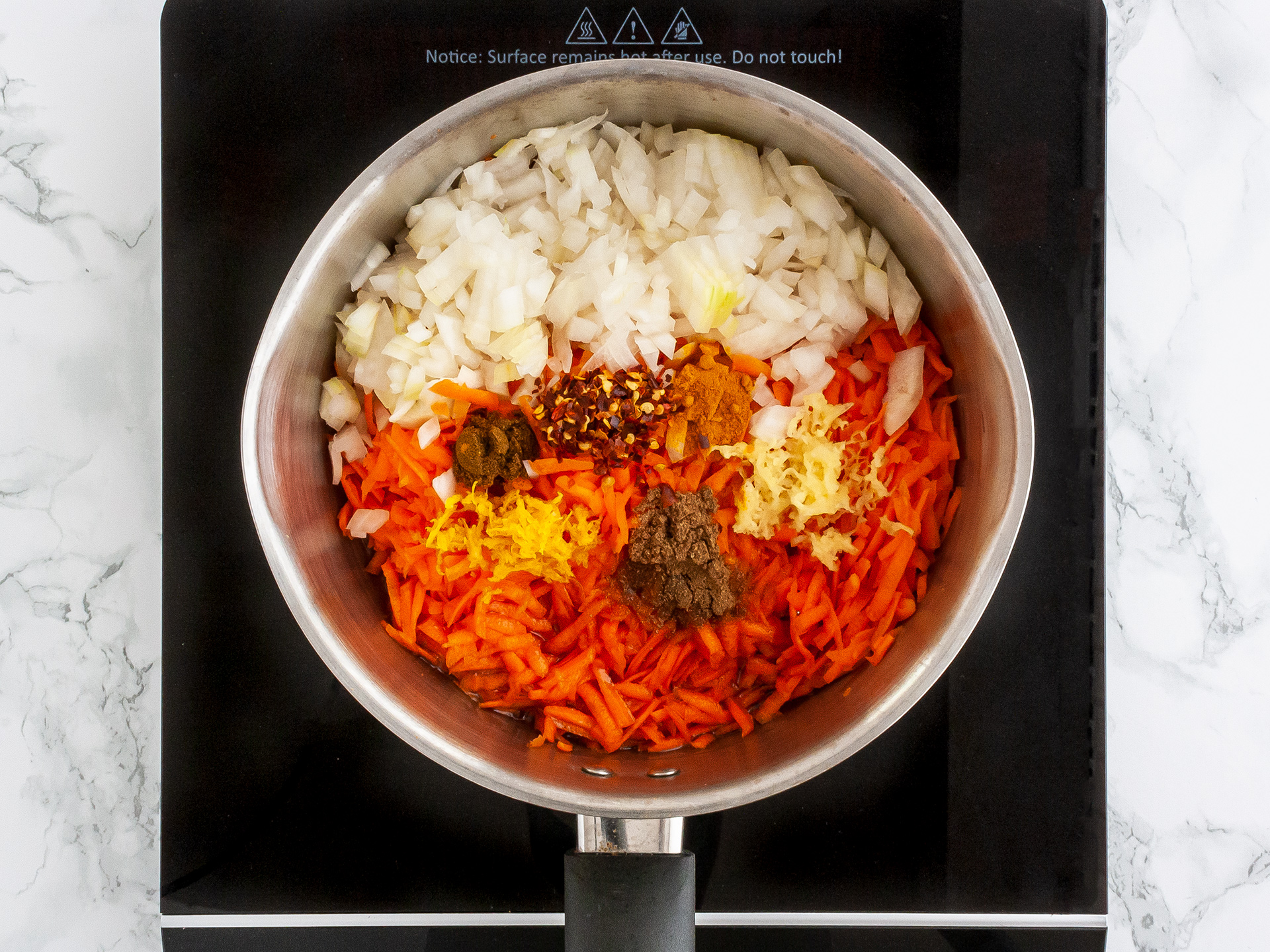 Carrot Chutney ingredients in a pot