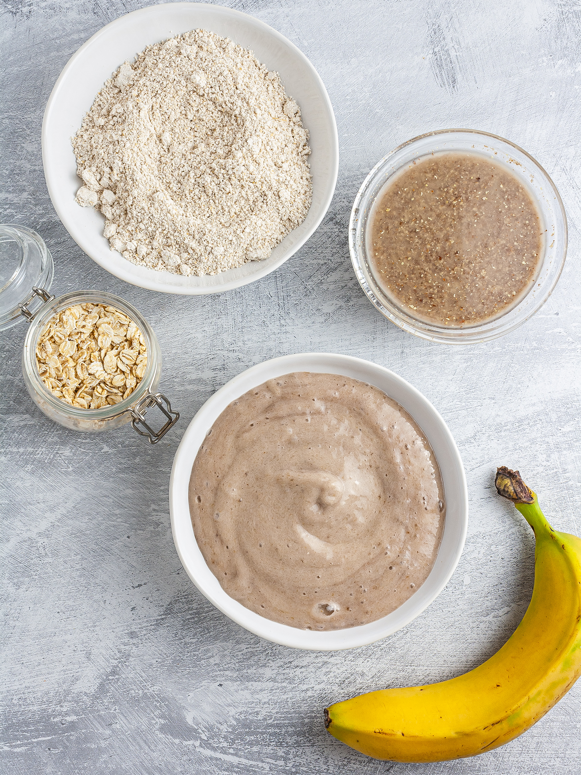 Oat flour, mashed bananas, and flaxegg