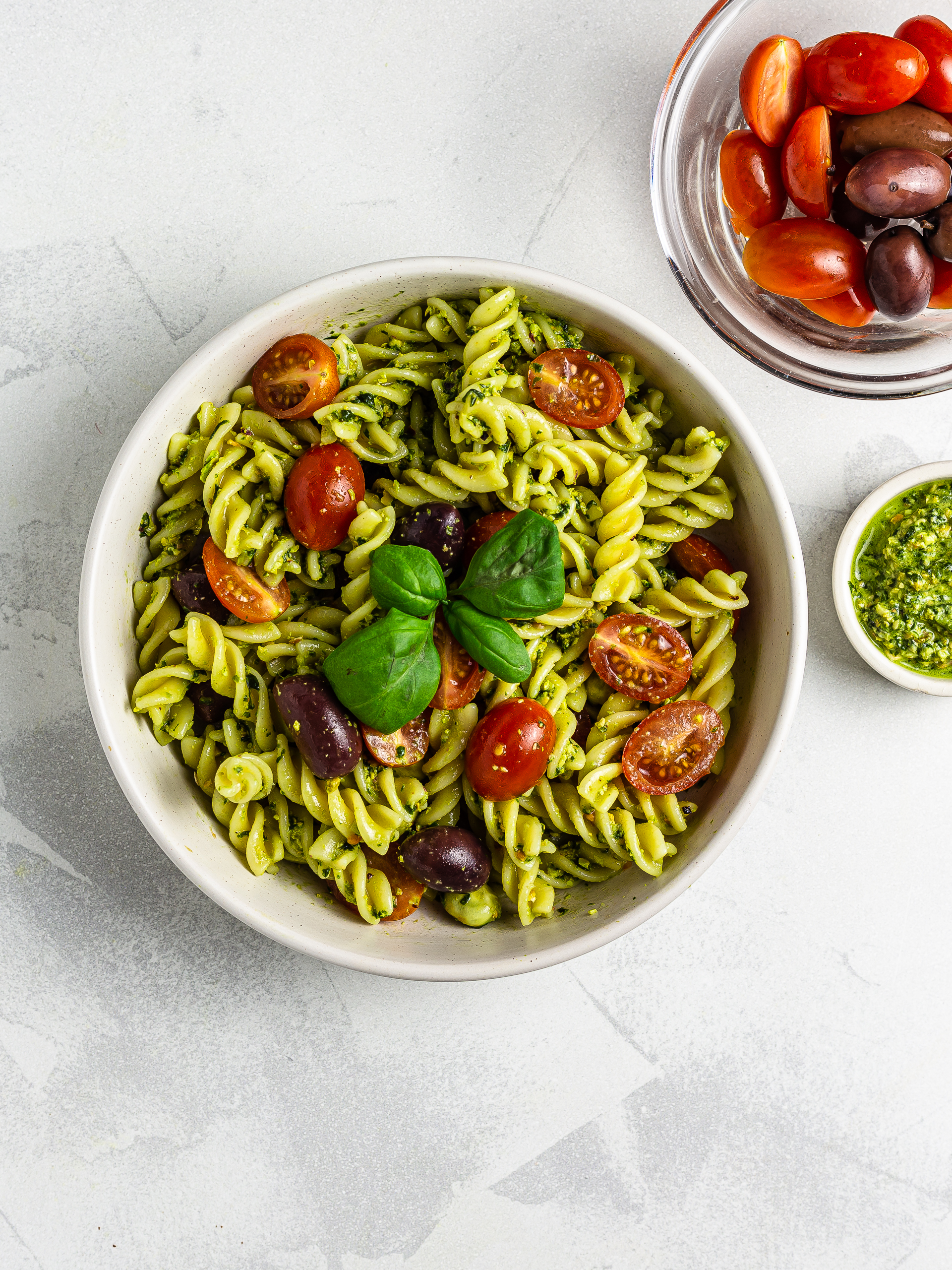 quinoa pasta salad with tomatoes and olives