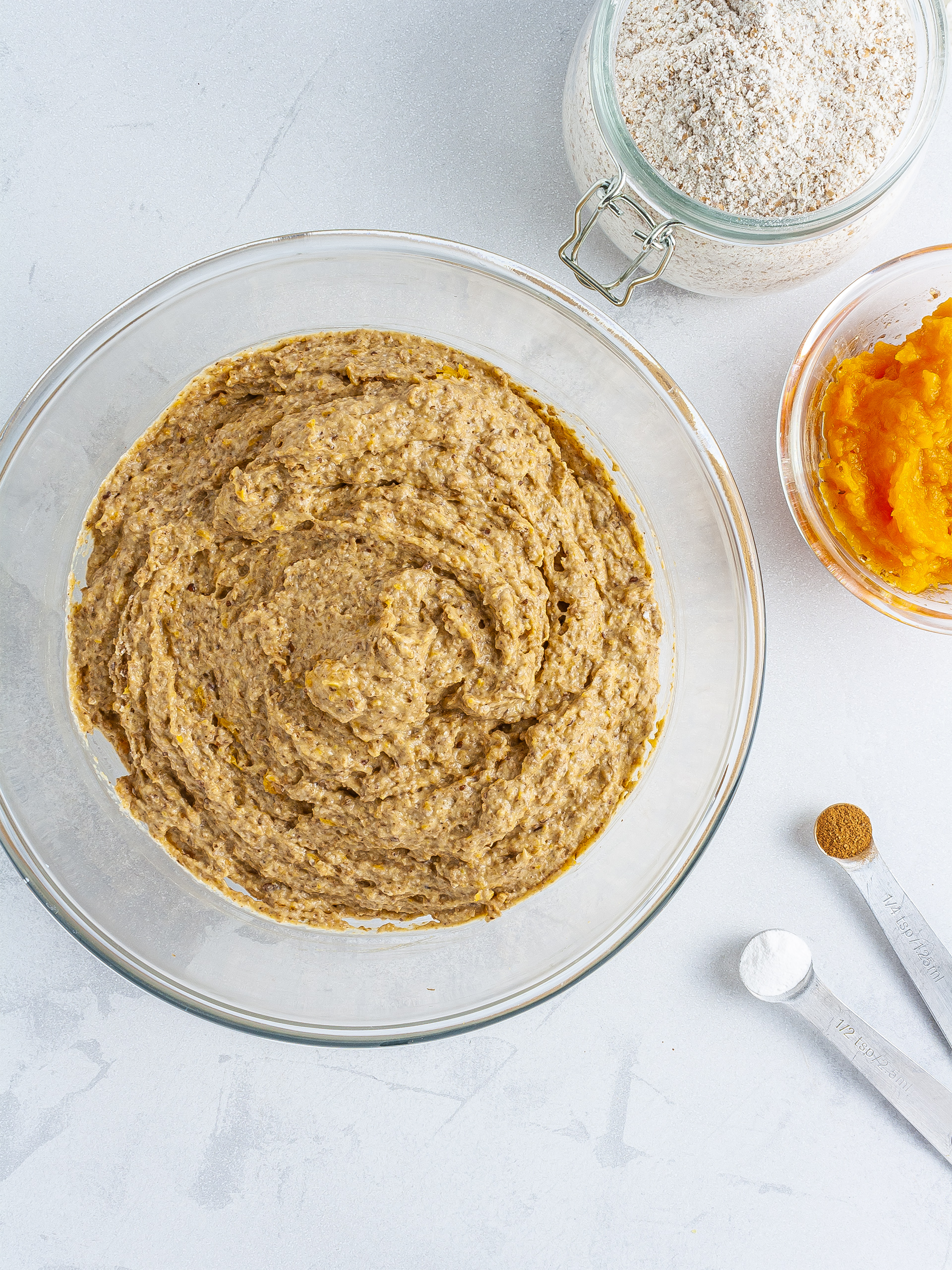 Pumpkin bread batter with spices, baking soda, and wholemeal flour