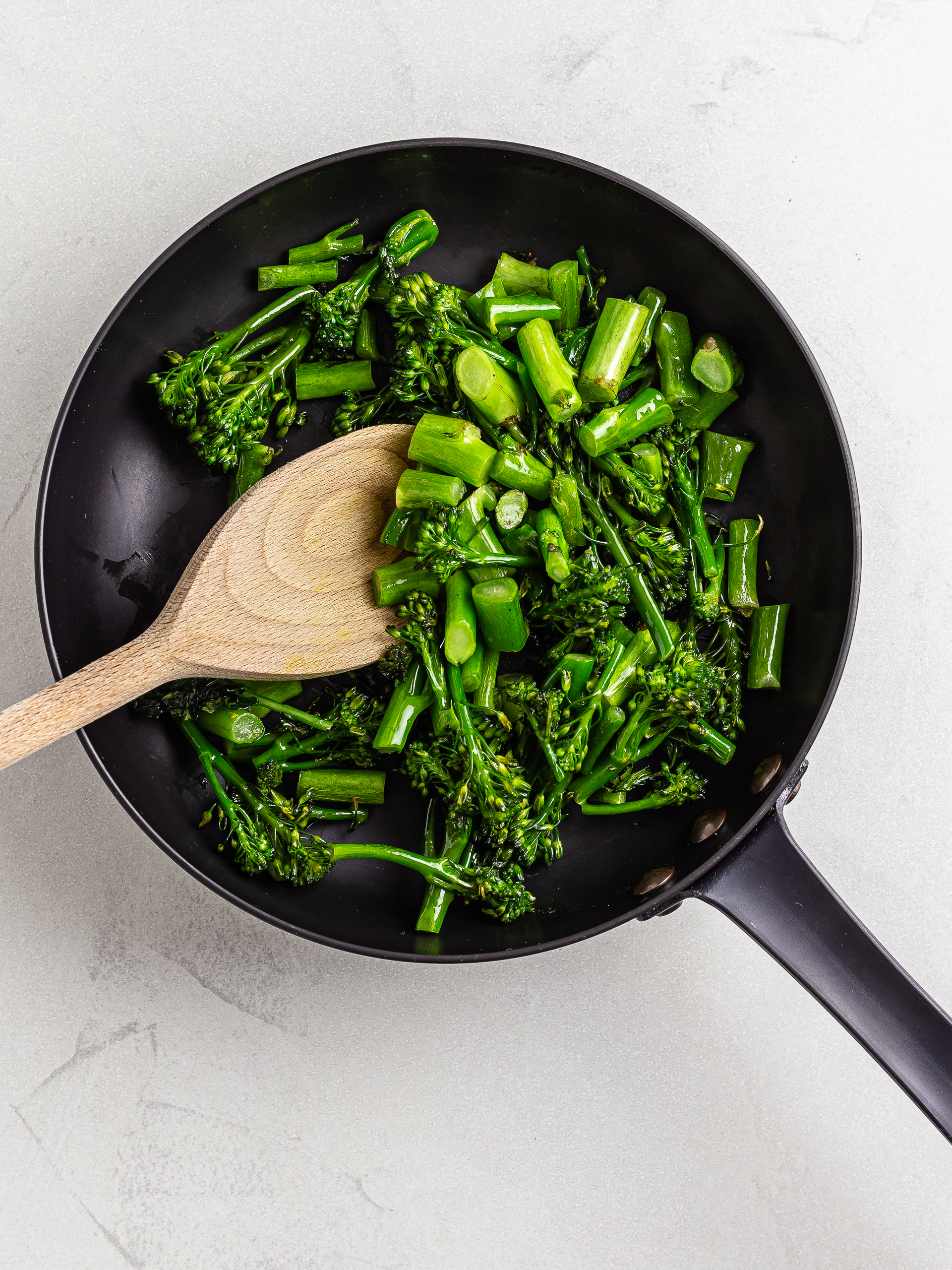 sauteed tenderstem broccoli in a skillet