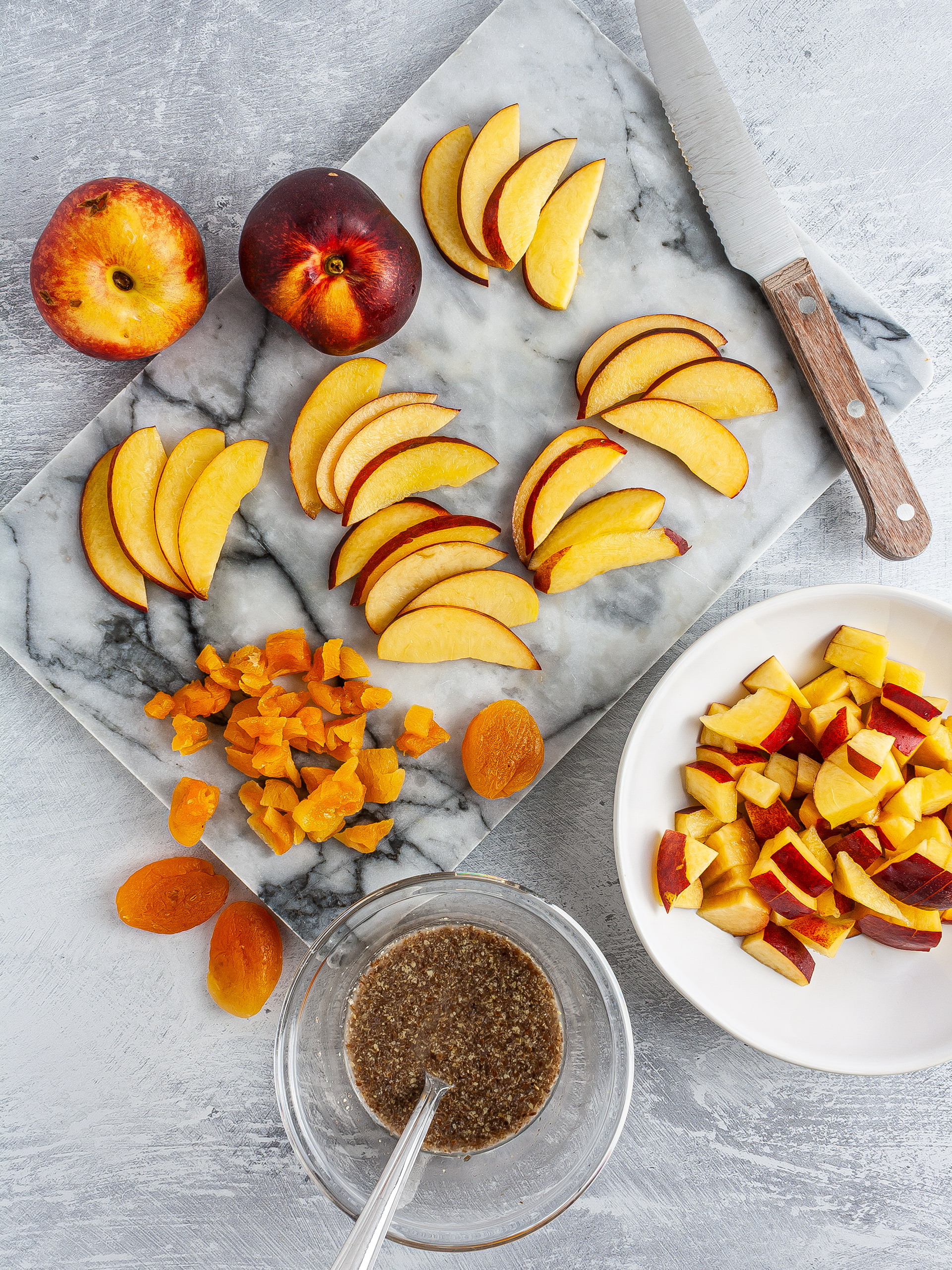 Sliced peaches, chopped apricots, and flaxeggs