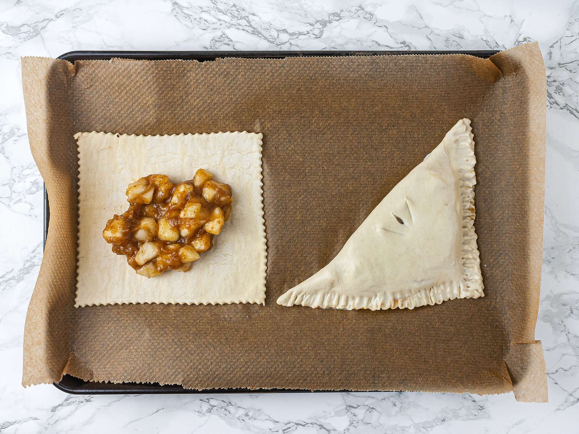 Gluten-free pastry sheets with pear and dates filling inside