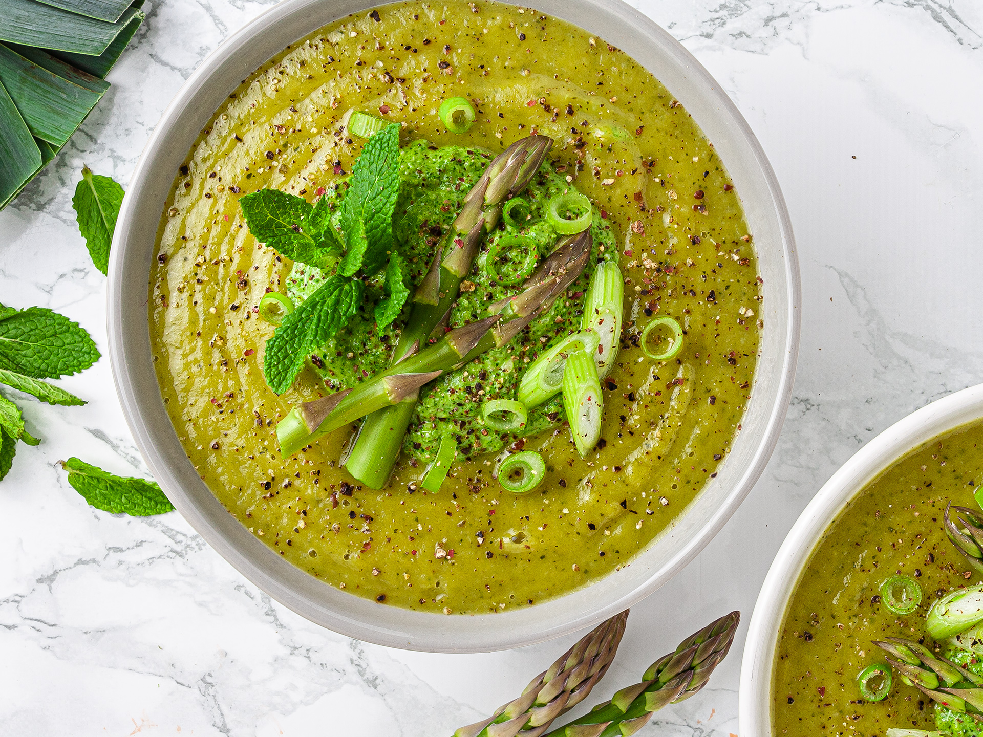 Asparagus and Zucchini Soup with Watercress Pesto Recipe